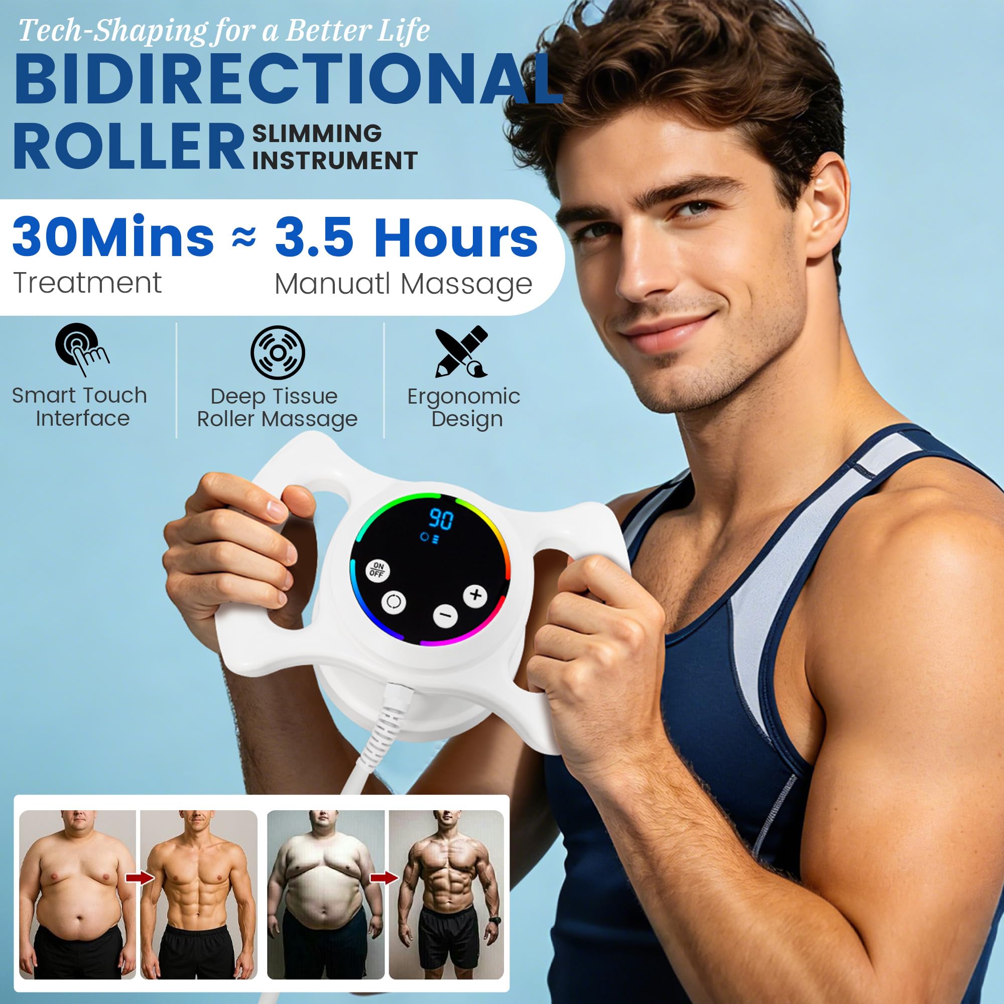 3 in 1 - Rullo massaggiante professionale per il corpo, dispositivo da scrivania per modellare il corpo con manici grandi, medi e piccoli, copertura della luce rossa, ruota a rullo a 360°, touch