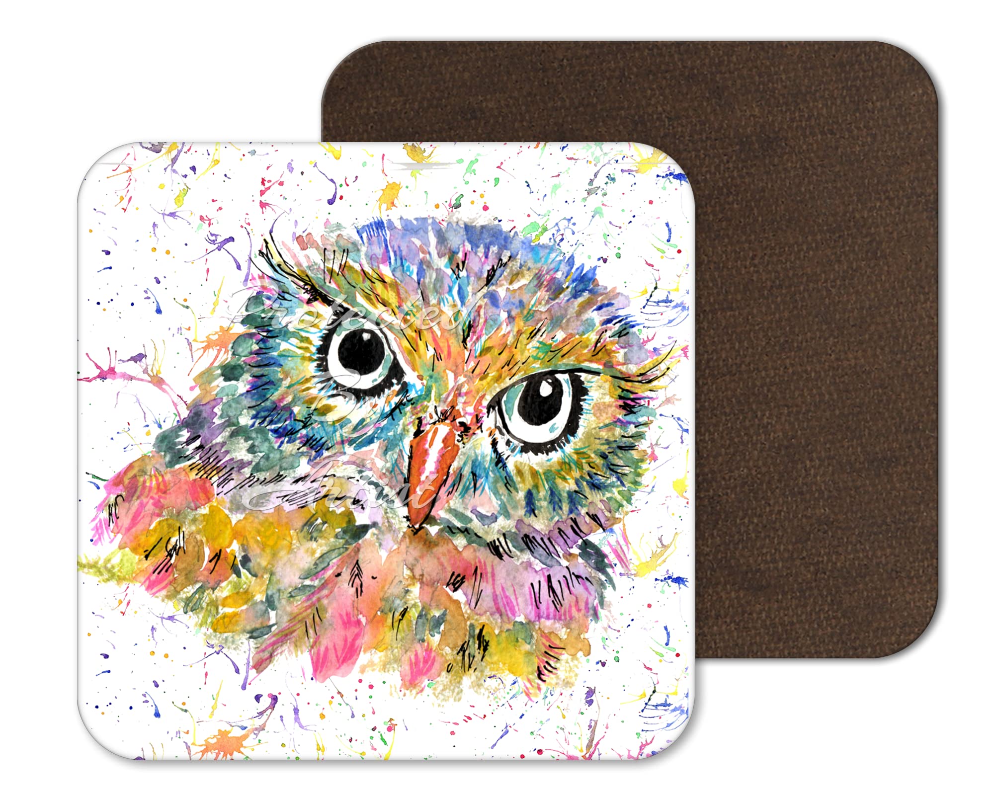 Vixar Coaster Owl British Wildlife Animals Coasters Watercolour Art Gift Work Office Dining Tea Coffee (1)