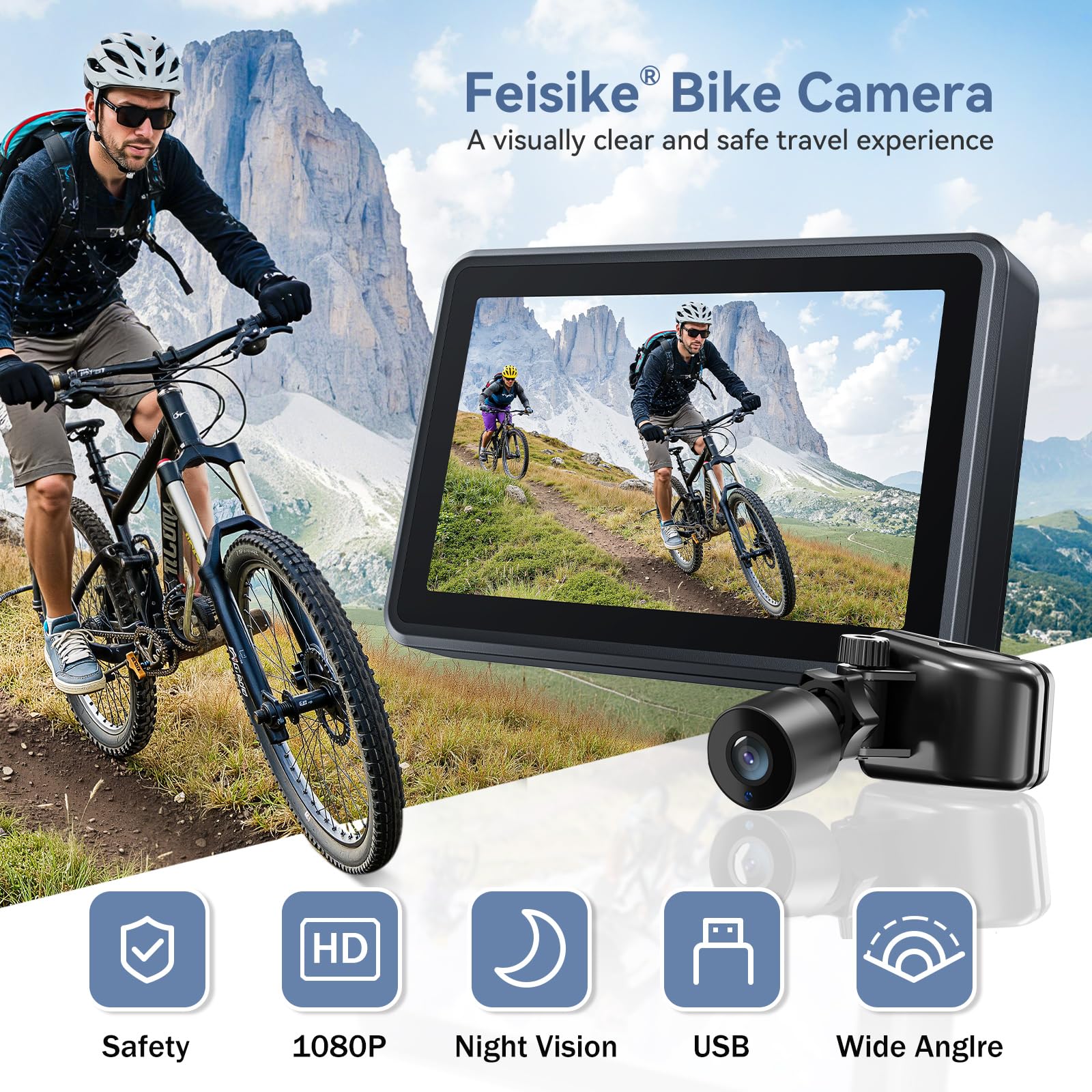 FEISIKE Handlebar Bike Mirror, Bicycle Rear View Camera with 4.3'' HD Night Vision Function, 145° Wide Angle View, Adjustable Rotatable Bracket, Compatible with Bicycle, Mountain, Road Bike