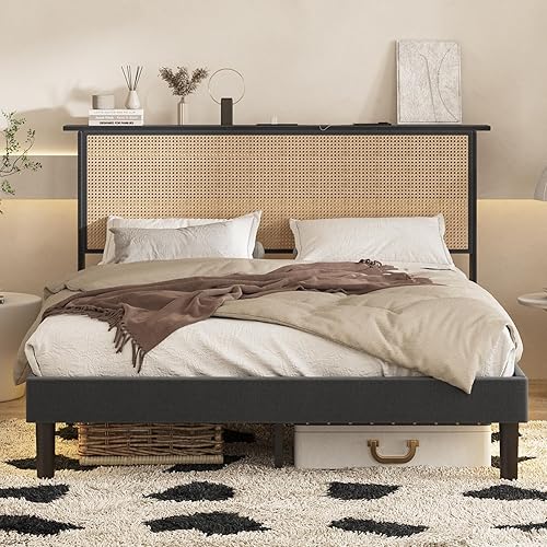 Miniatura 6 de Fameill Marco de cama de metal tamaño Queen con cabecera de ratán, marco de cama de plataforma metálica RGB luces LED con estación de carga