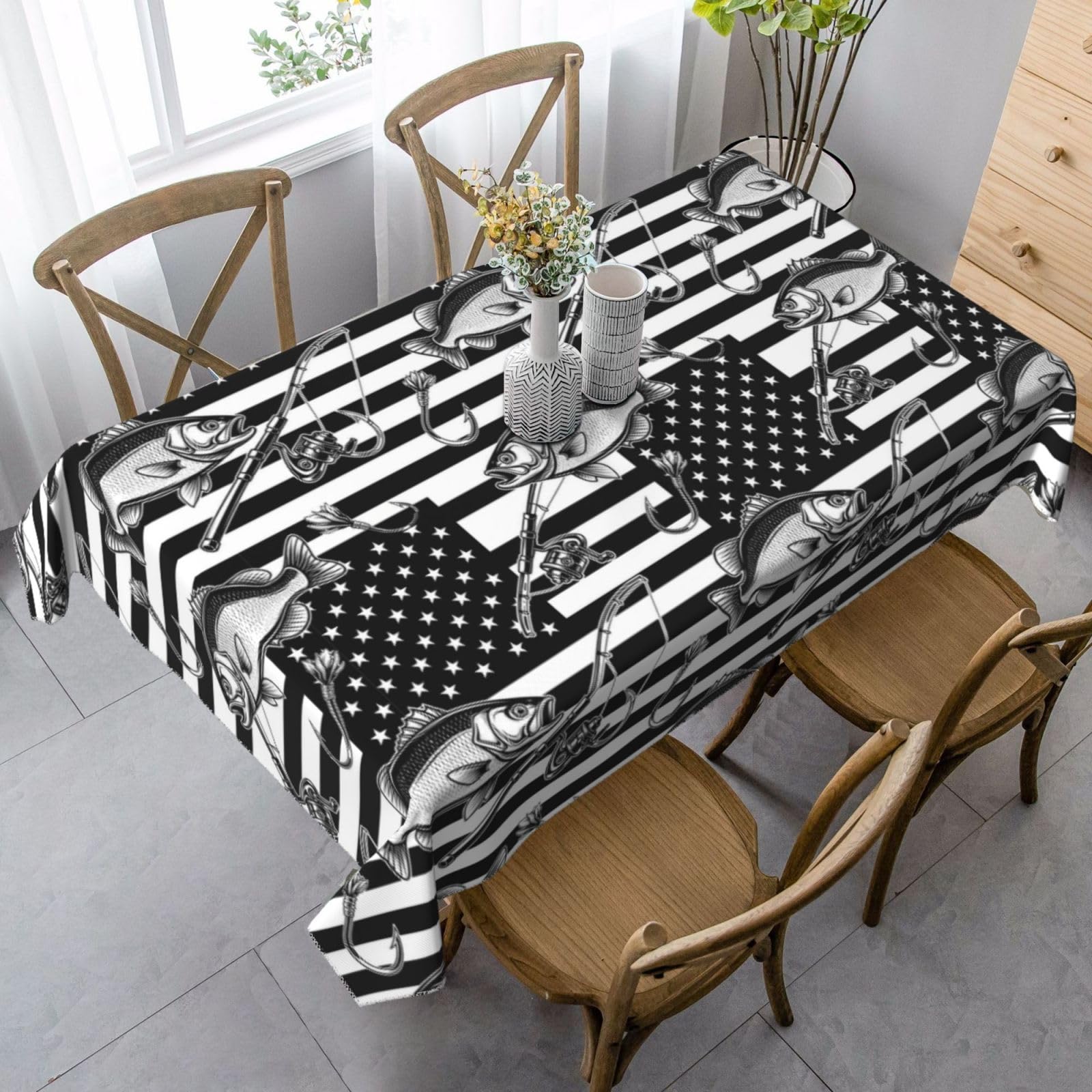 Nappe facile d'entretien anti-taches 137x183cm motif drapeau américain de pêche noir et blanc