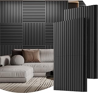 PrimeZone Wood Acoustic Wall Panels - 4 PCS 23.6" x 23.6" 3D Fluted Slat Sound Proof Wall Paneling, Sound Absorbing & Noise Reduction Interior Decor Panels for Living Room, TV Wall, Bedroom, Black