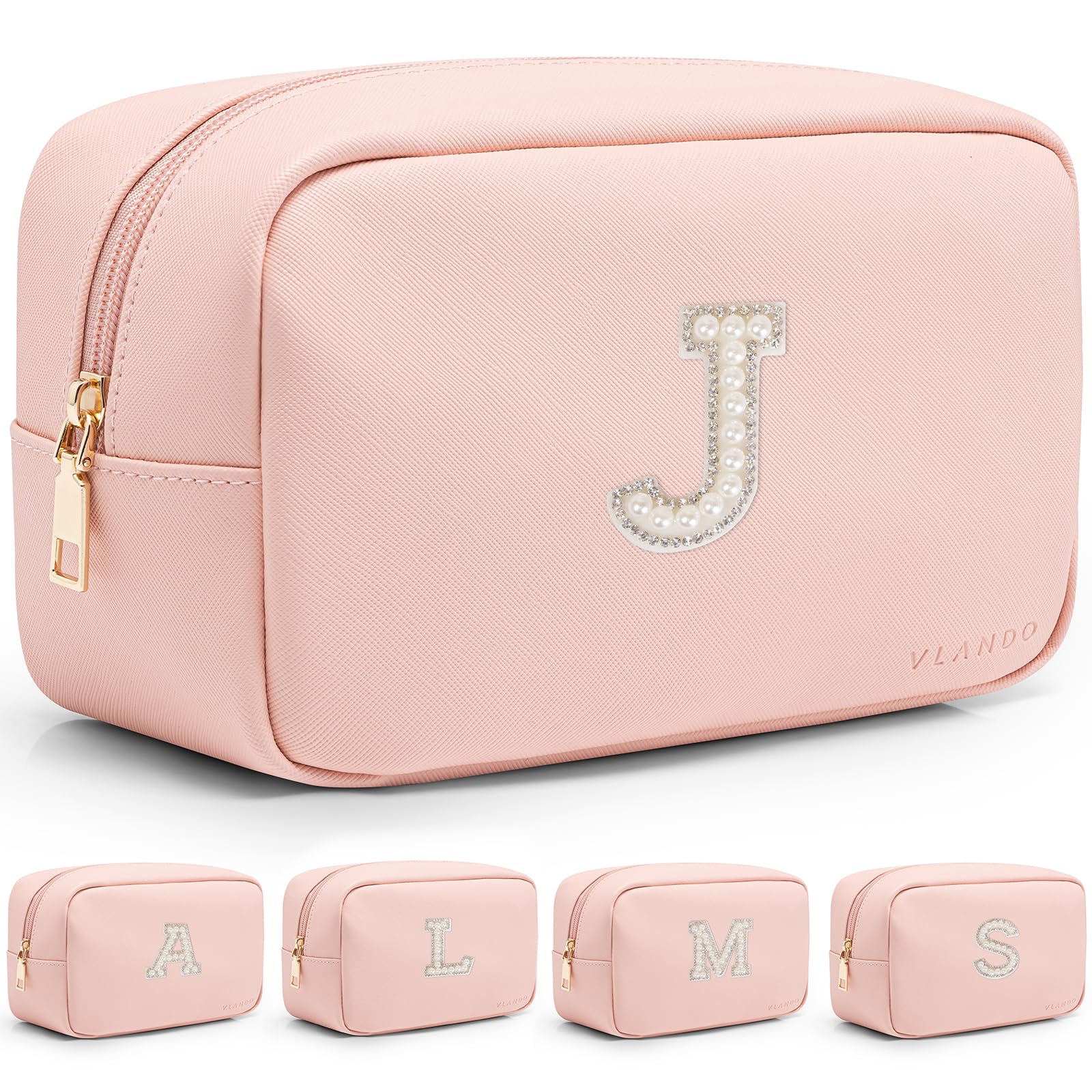 Vlando Gifts for Girls Initial Makeup Bag Personalized Makeup Bag witt Pearl Cute Travel Toiletry Bag Preppy Makeup Pouch Birthday Gift for Teen Girls