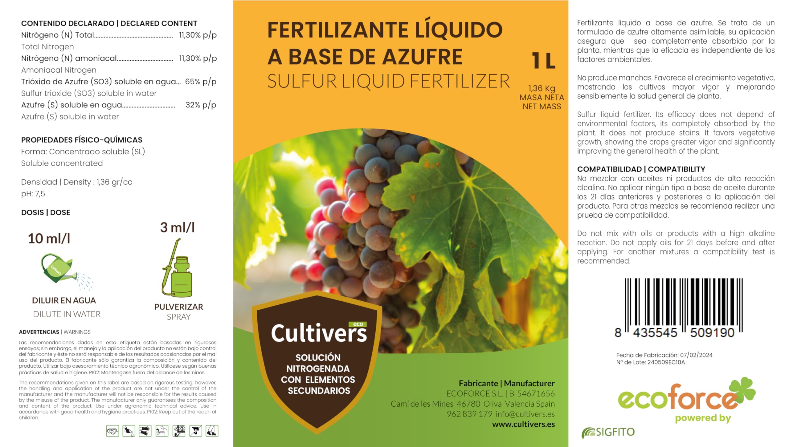 CULTIVERS Soufre Systémique 5 litres pour Plantes et Arbres, Plus Grande efficacité en préventif et curatif, Liquide Transparent ne Tache Pas Les Feuilles ni Les Fruits Force S