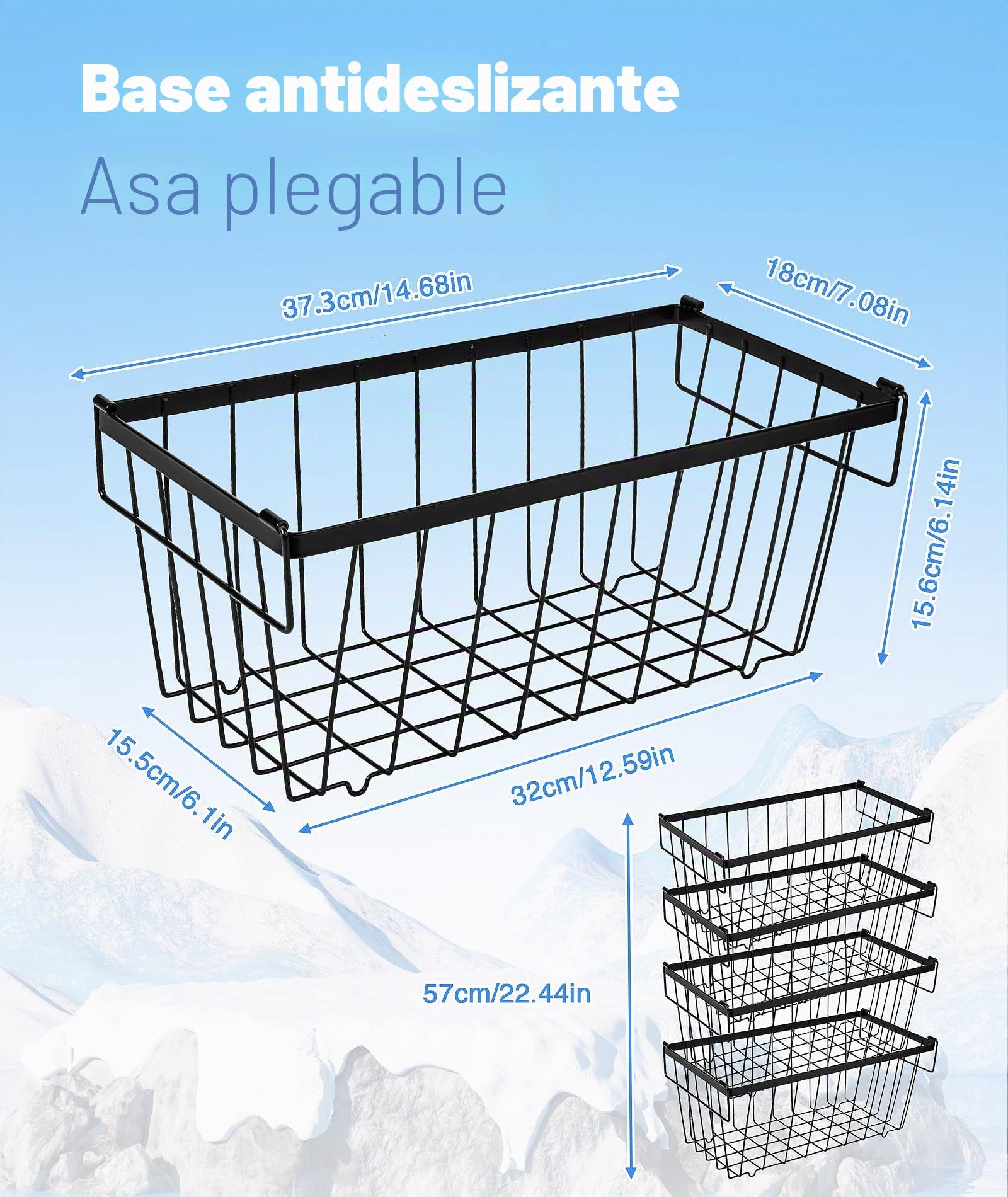 4PCS Cesta para Congelador para congelador para 141-198L,Metal Organizador Congelador Apilable Organizador Nevera Con Asas Y Fondo Antideslizante Apto Para FrigoríFico Mueble Cocina