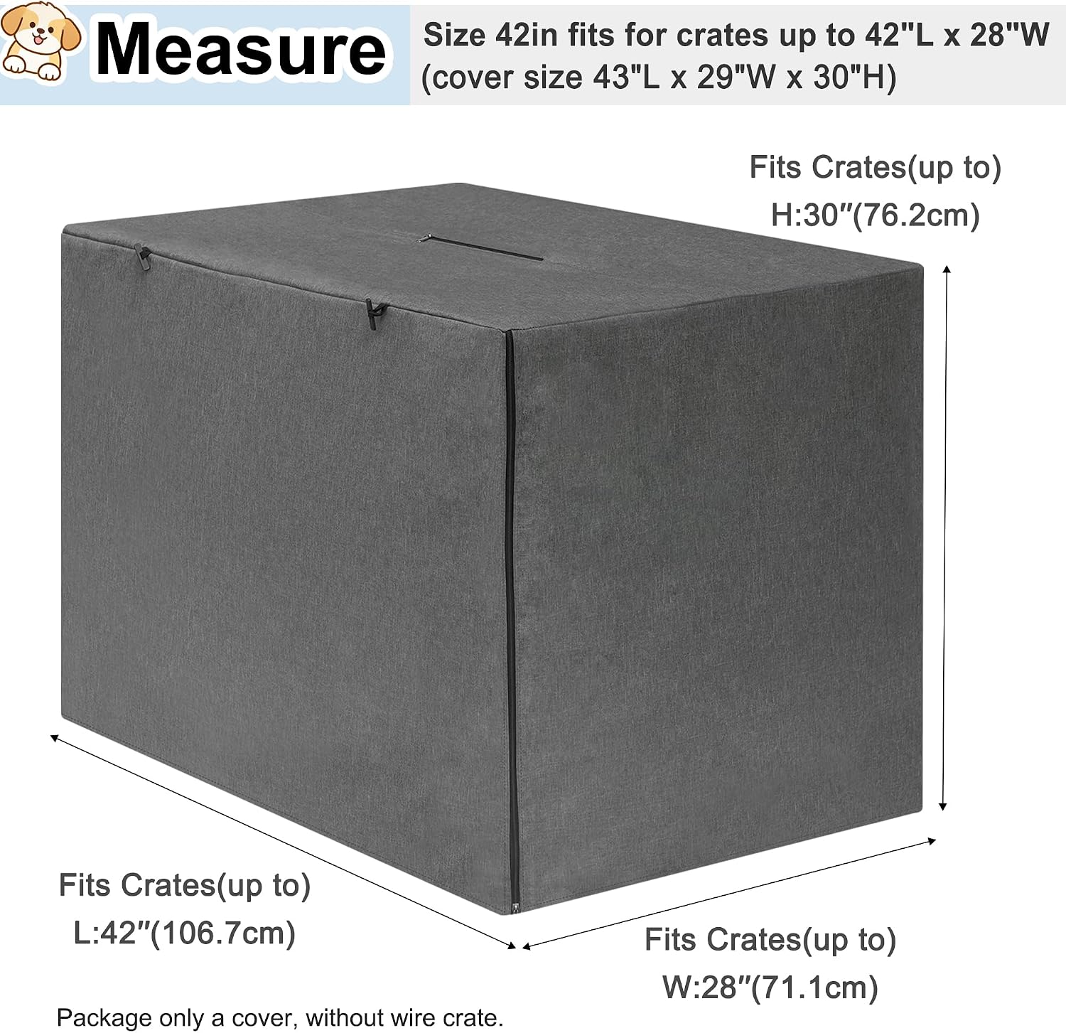 HiCaptain Breathable Dog Crate Cover 42 Inch, Durable Heavy Duty Kennel Cover, Dual Zippered Panels, Windproof Waterproof UV-Resistant (Grey)