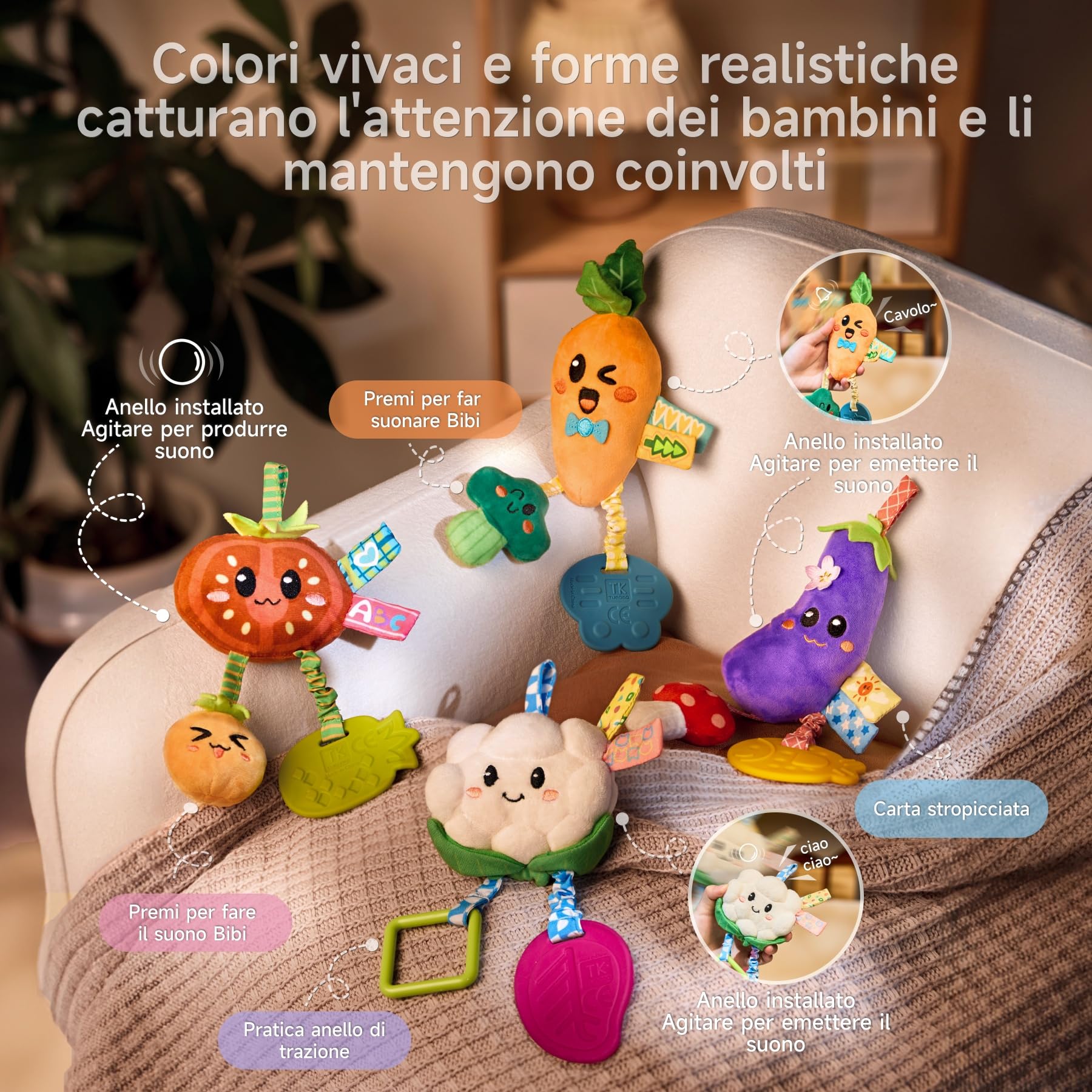 TUMAMA Kids Confezione da 4 Giocattoli Sonagli Sospesi per Bambini, Giocattoli per Neonati da 0 3 6 9 12 Mesi, Giochi per Passeggino, Regalo per Bambini e Bambine