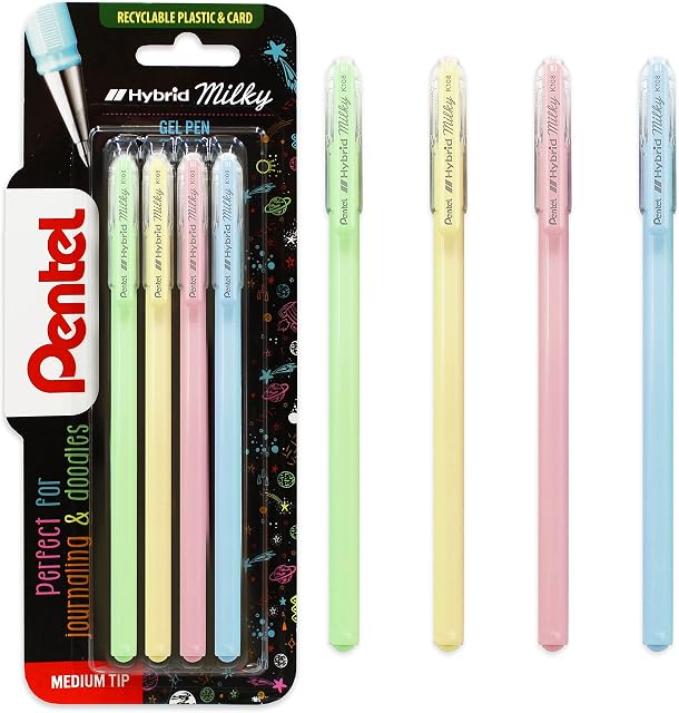 Pentel Hybrid - Milky Gel Rollerball Pen - K108 - Blister Pack of 4 Pastel Pens - Green, Yellow, Pink and Blue