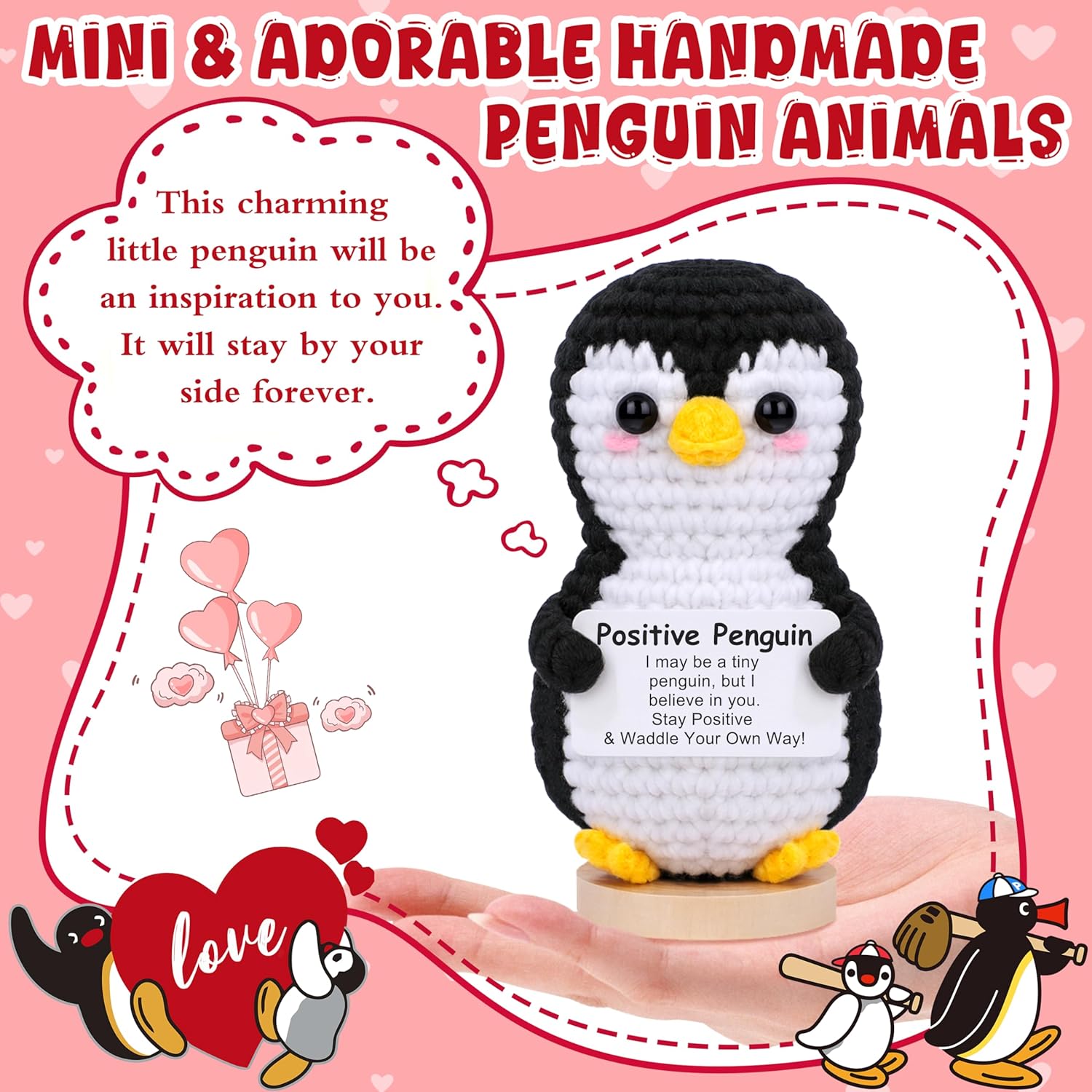 JoycuFF Mini Positive Crochet Penguin, Funny Graduation Birthday Gifts for Women Men Friend Daughter Coworker, Valentines Day Emotional Cute Penguin Present - Image 2