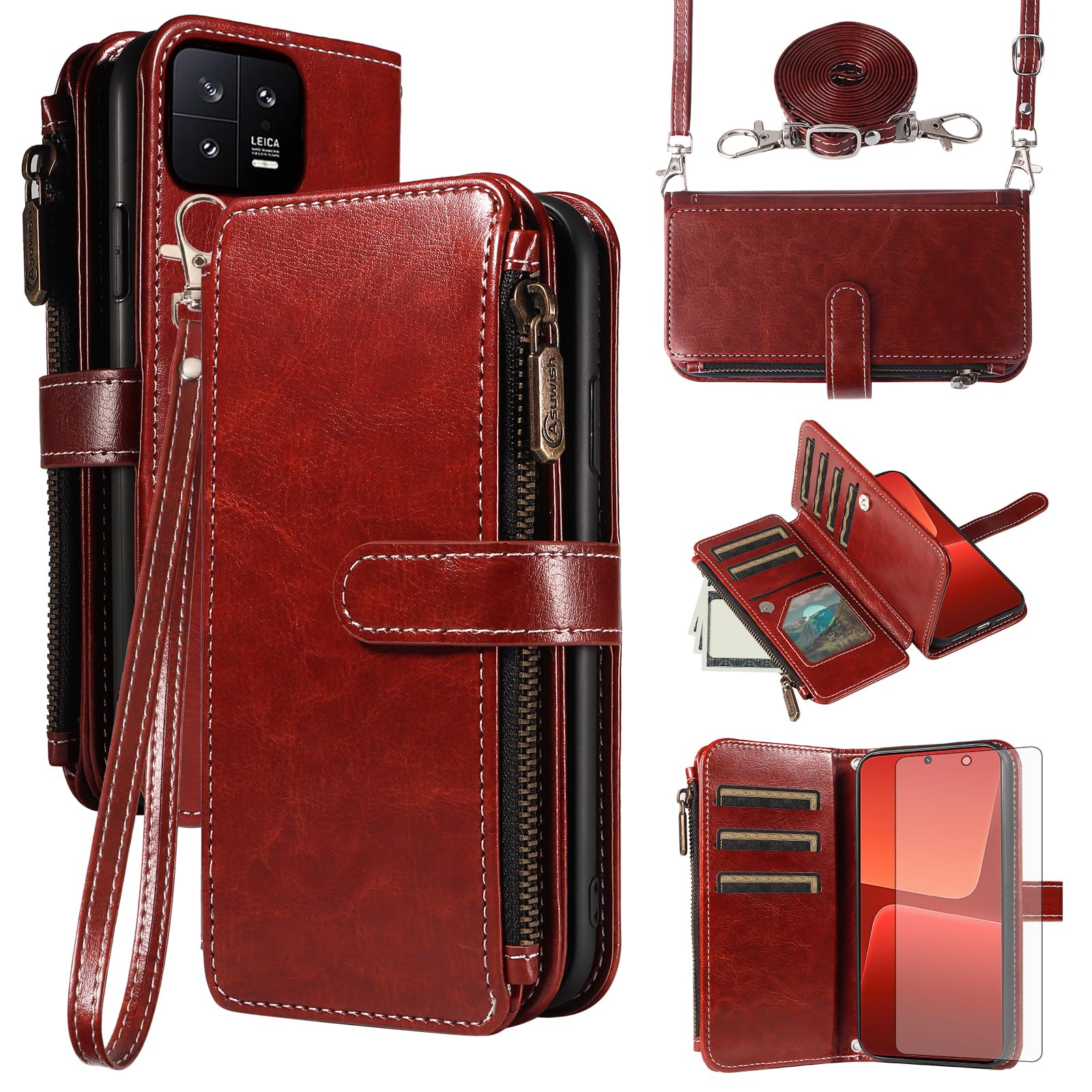 Asuwish Handyhülle für Xiaomi 13 5G Hülle mit Band Folie Schutzfolie Kartenfach Klappbar Leder Geldbörse Ständer Mi 13 M13 Handy Hüllen Schutzhülle Reißverschluss Handyhüllen Wallet Phone Case Braun