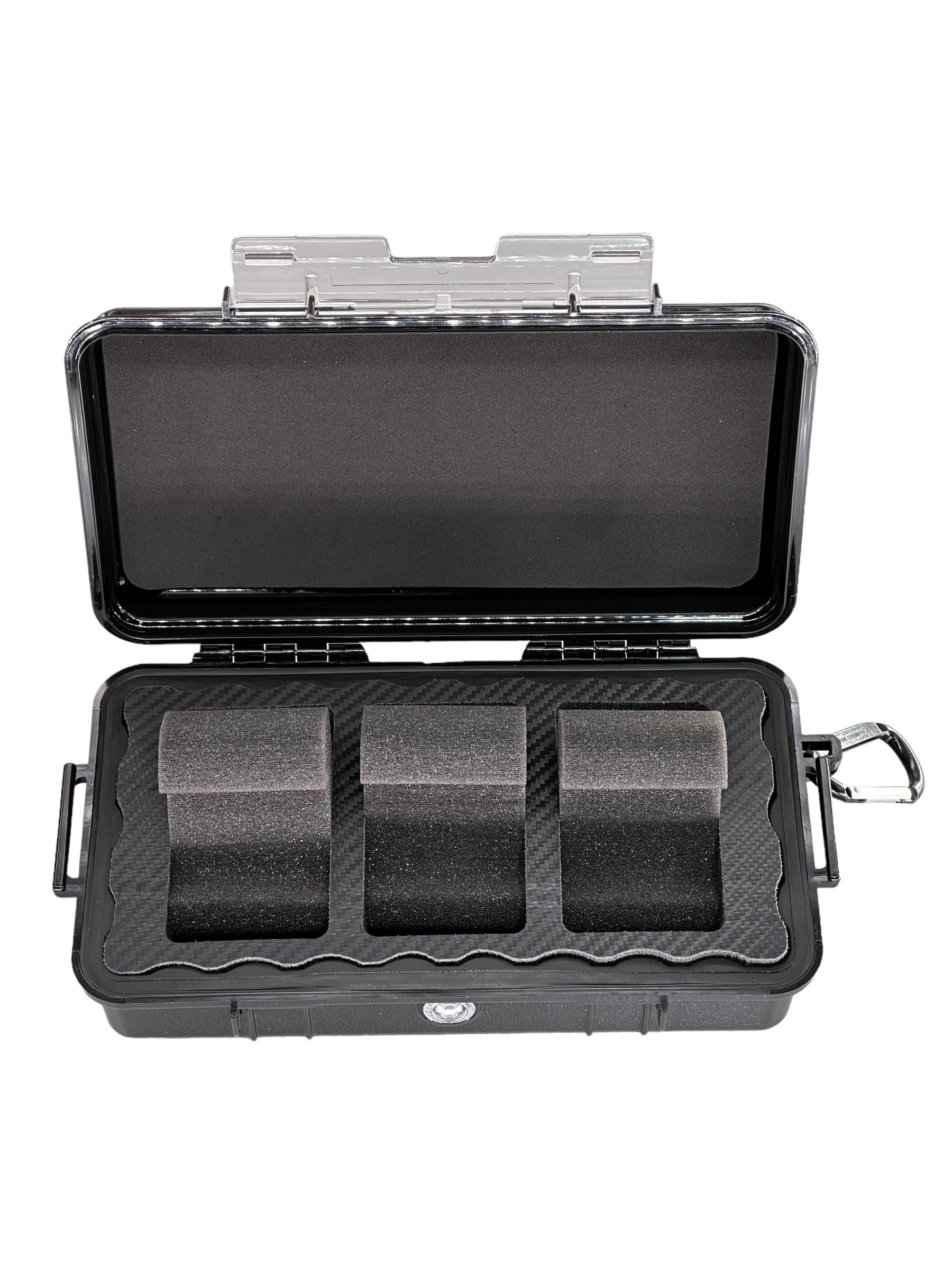 kompakte Uhrenbox für bis zu 3 Uhren - Wasserdicht - Extrem geschützt - Made in Germany - Luxery Line carbon Style - hochglanz schwarz - Perfekt für Reisen
