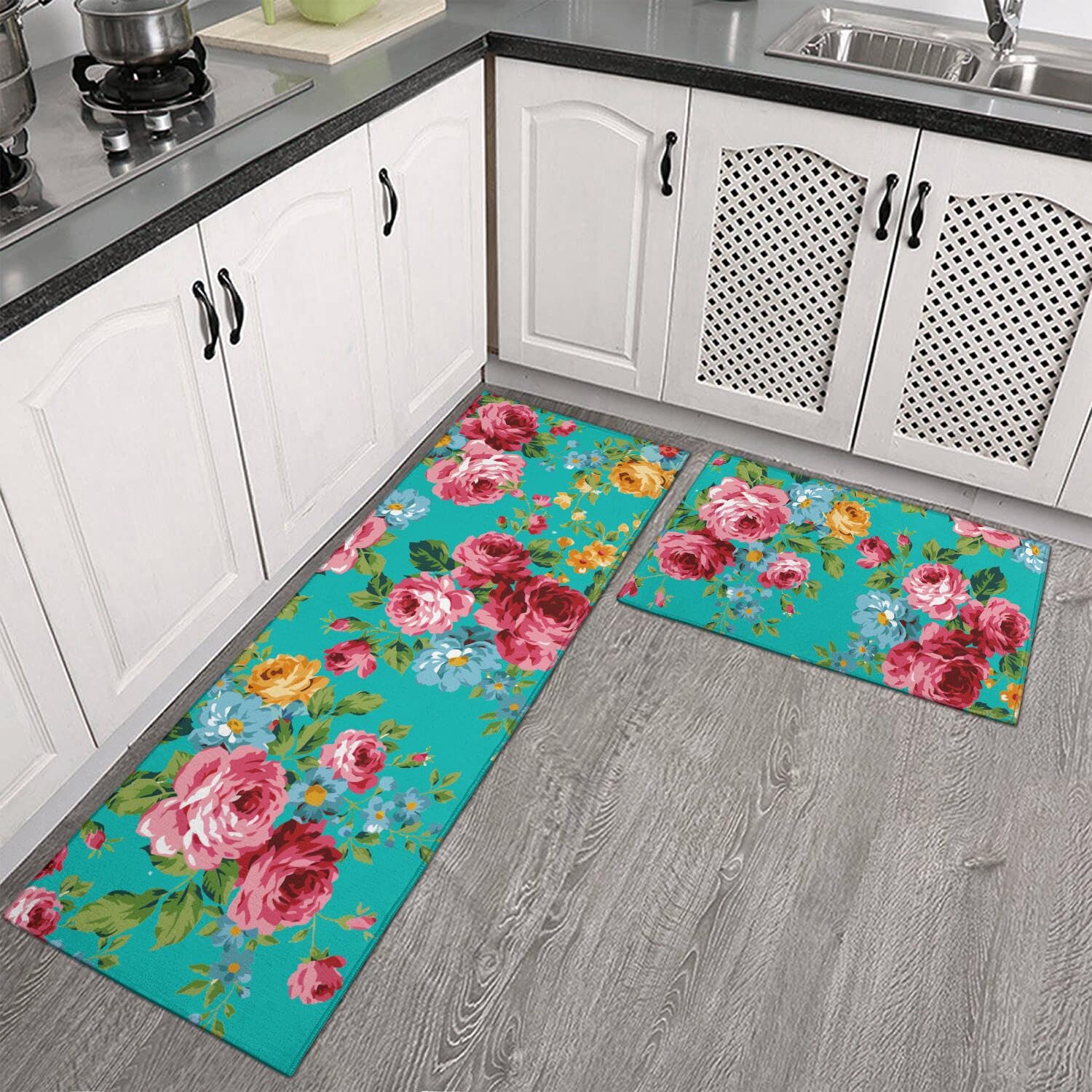 safarsa Kitchen Mats for Floor Set of 2 Pieces Kitchen Rugs and Mats Non Skid Washable Kitchen Floor Mat (Floral, 17"x47"+17"x30")