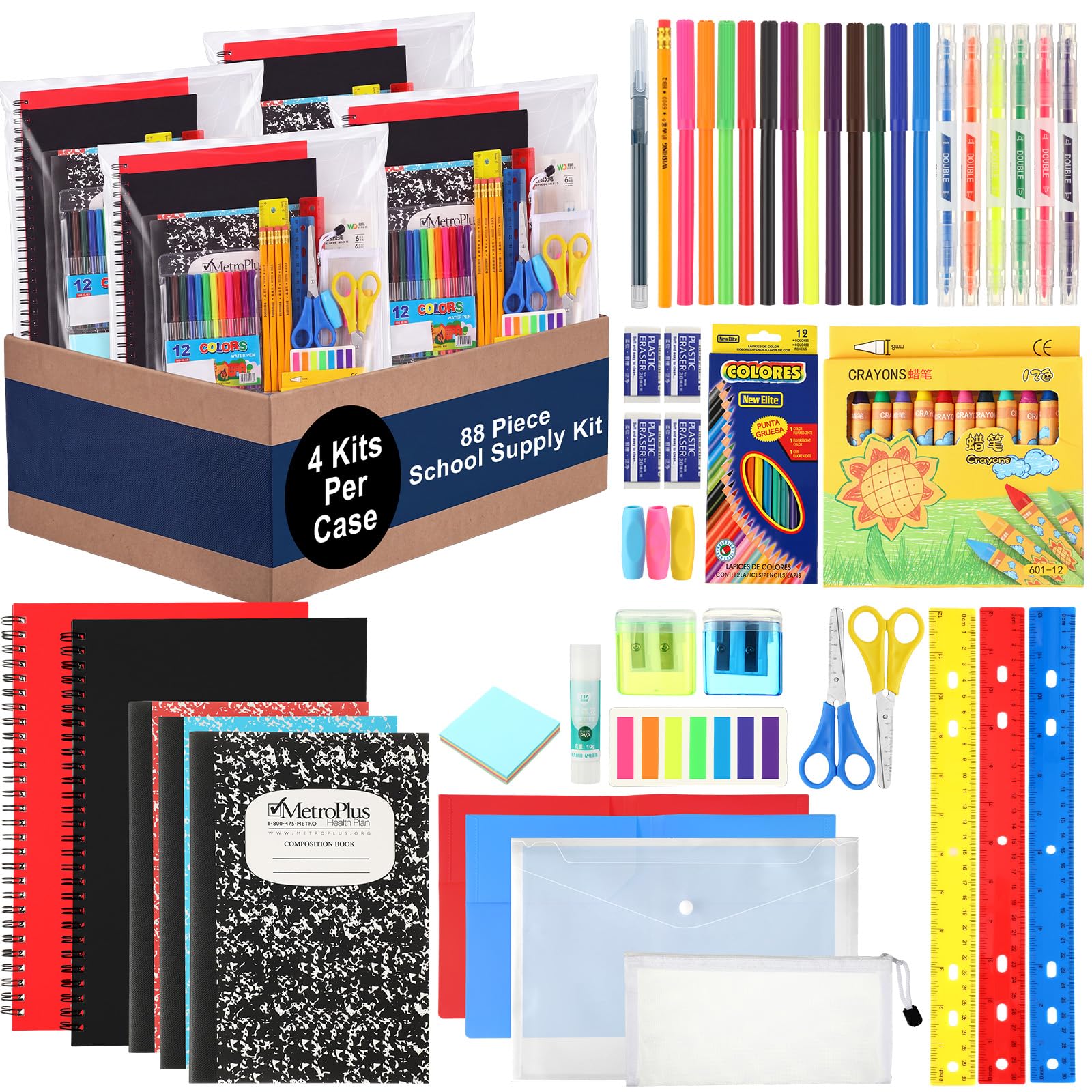 Gilprop Kit de 352 piezas de suministros escolares, 4 juegos por juego de suministros de regreso a clases | Kit esencial para estudiantes, incluye lápiz, cuaderno, regla, tijeras, borrador de notas adhesivas, sacapuntas