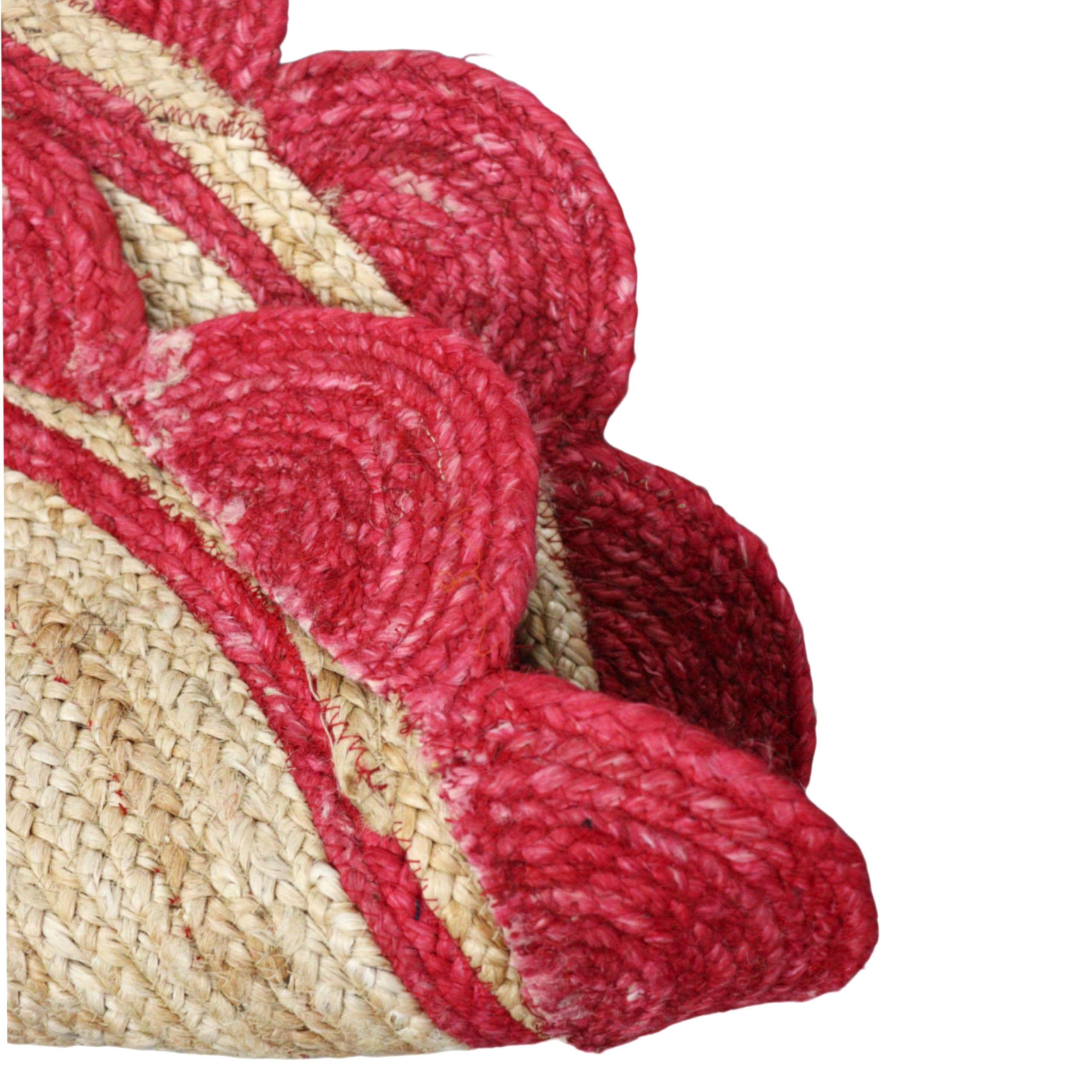 Tapis indien en jute naturelle tressé à la main avec motif festonné rouge pour salle à manger, chambre à coucher, salon, rond, 150 x 150 cm