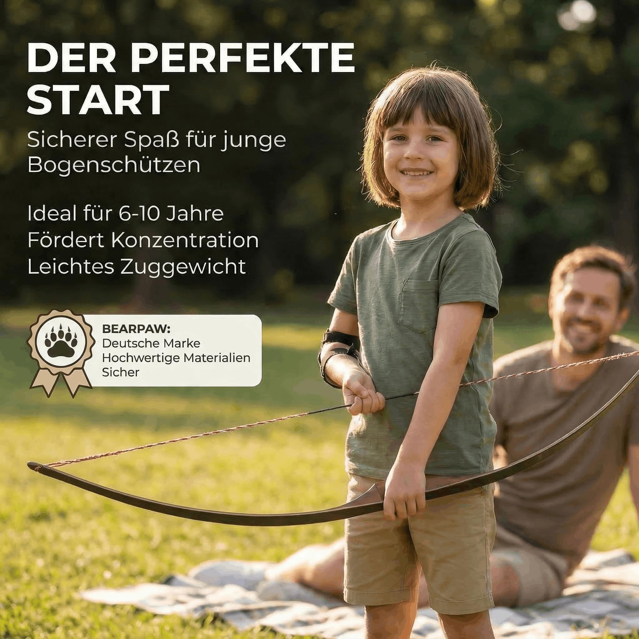 Penthalon Little Sioux Kinder Bogen - hochwertiger Bogensport Langbogen aus Holz für Kinder von 6-10 Jahre, Bogenlänge 35 Zoll/89 cm, Zuggewicht 10-15 lbs