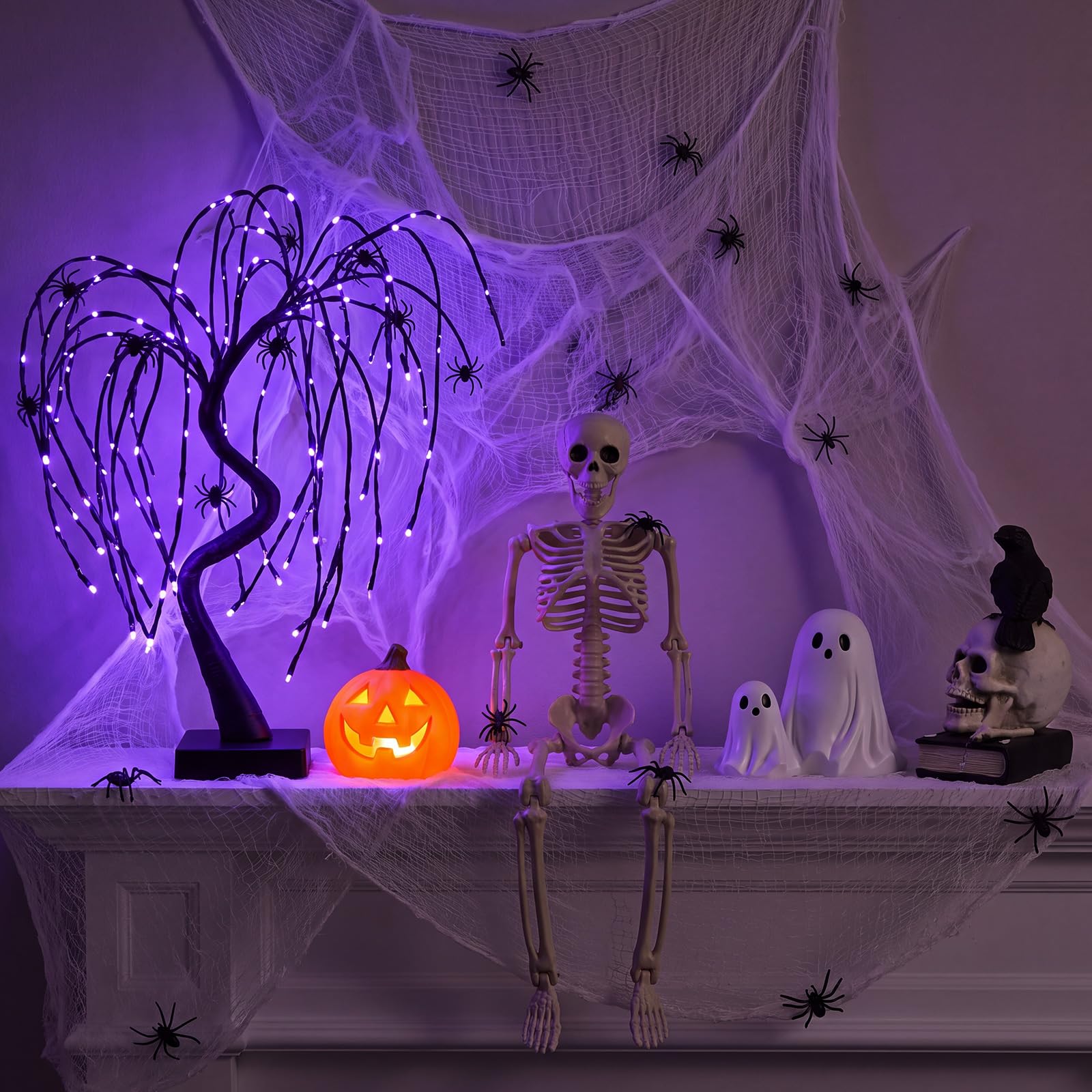 Woanger Juego de 34 decoraciones de Halloween de 20 pulgadas, luz LED púrpura de sauce, esqueleto, cuervo, calavera, estatua, fantasma, figuras de calabaza, telaraña con arañas para Halloween