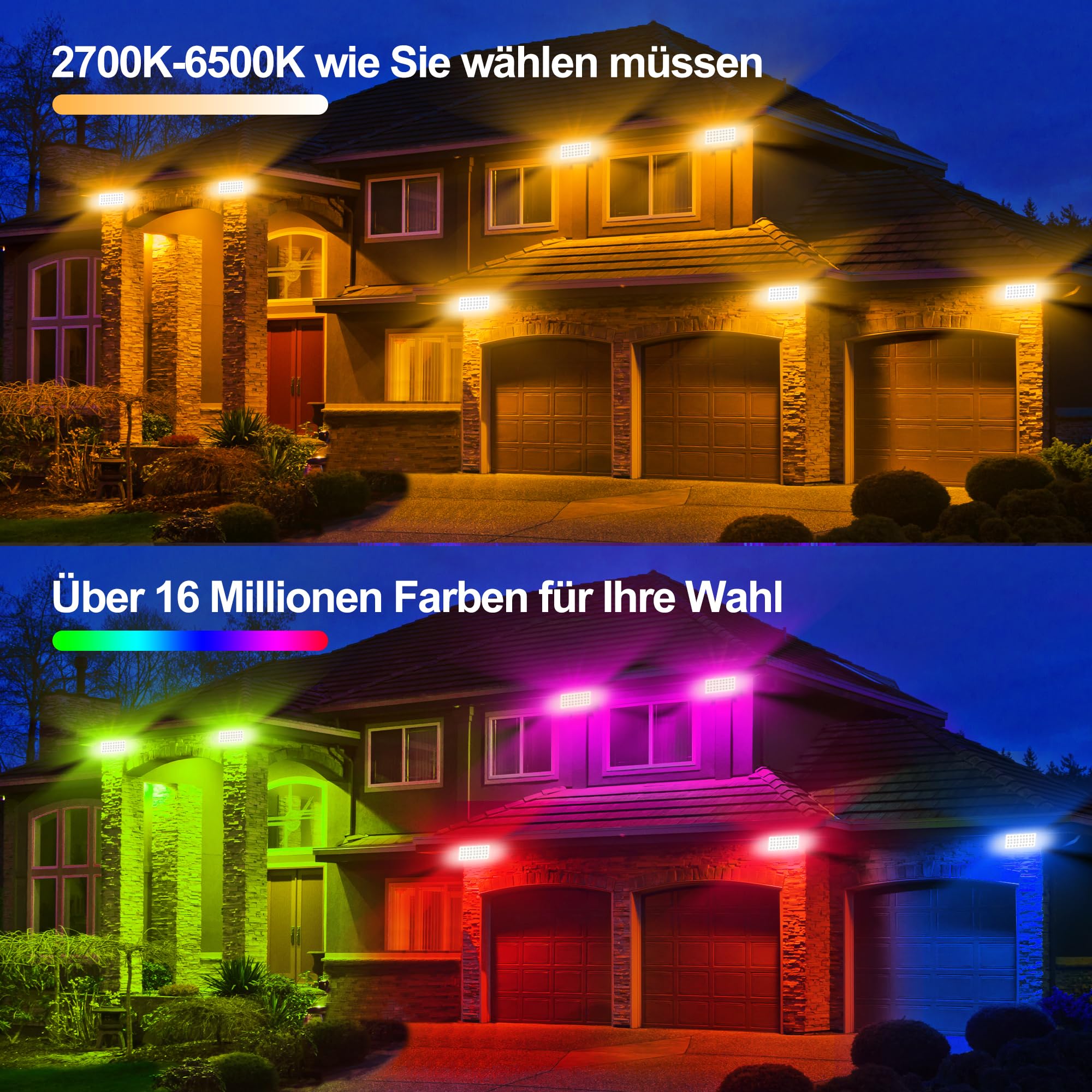 Inteligentny reflektor ścienny LED RGBCW sterowany za pomocą aplikacji, 2700 K-6500 K, możliwość ściemniania, 1-100%, wodoszczelność IP65, ultra jasne światło z muzyką, synchronizacją muzyki