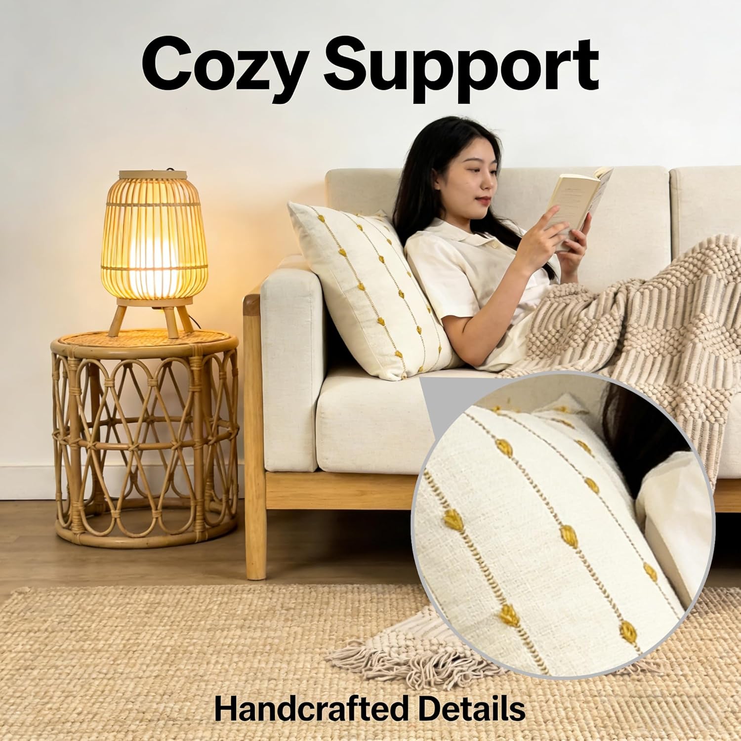 JMGBird Decorative Throw Pillows Set of 2, 18x18 Inch Beige with Yellow Flower Stripes - Square Pillows with Inserts for Indoor Home Decor