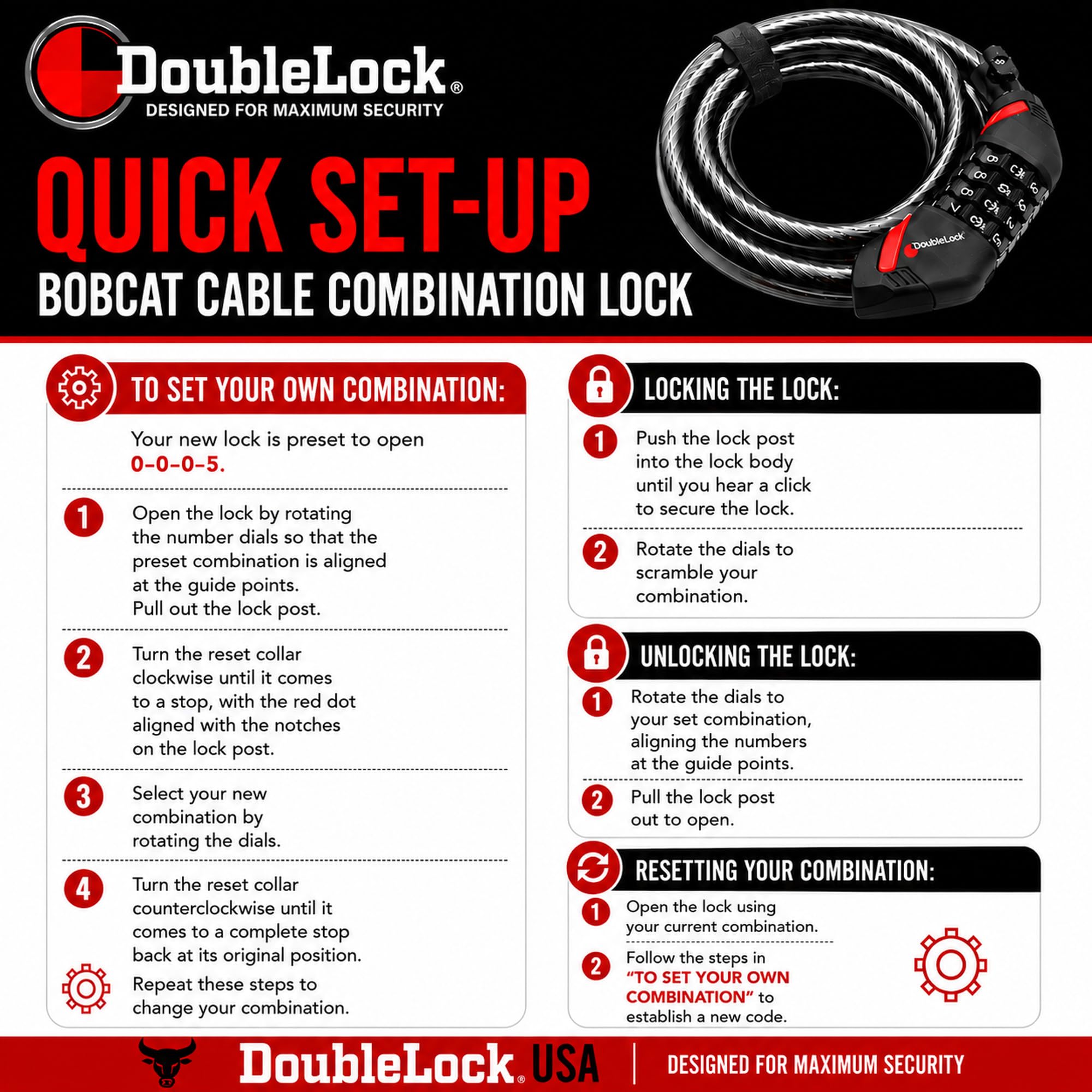 DoubleLock Bobcat XL Bobcat - Candado de cable con combinación de bobina y soporte para bicicleta, cable compacto de 4 dígitos de 4 dígitos de grosor para bicicletas, bicicletas eléctricas, scooters