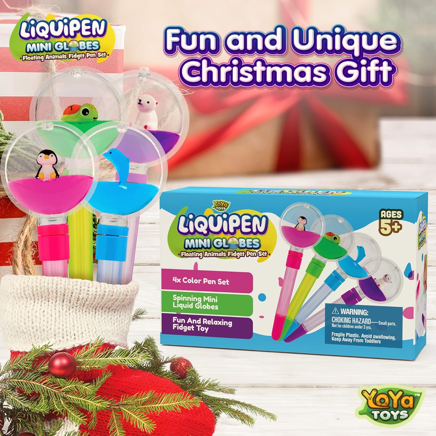 YoYa Toys Fidget Pens for Kids (4-Pack) - Liquid Motion Cool Spinning Toy - Colorful Floating Kawaii Animals - Penguin, Dolphin, Polar Bear, Turtle - Swirly Sensory ADHD Gift, Cute School Supplies