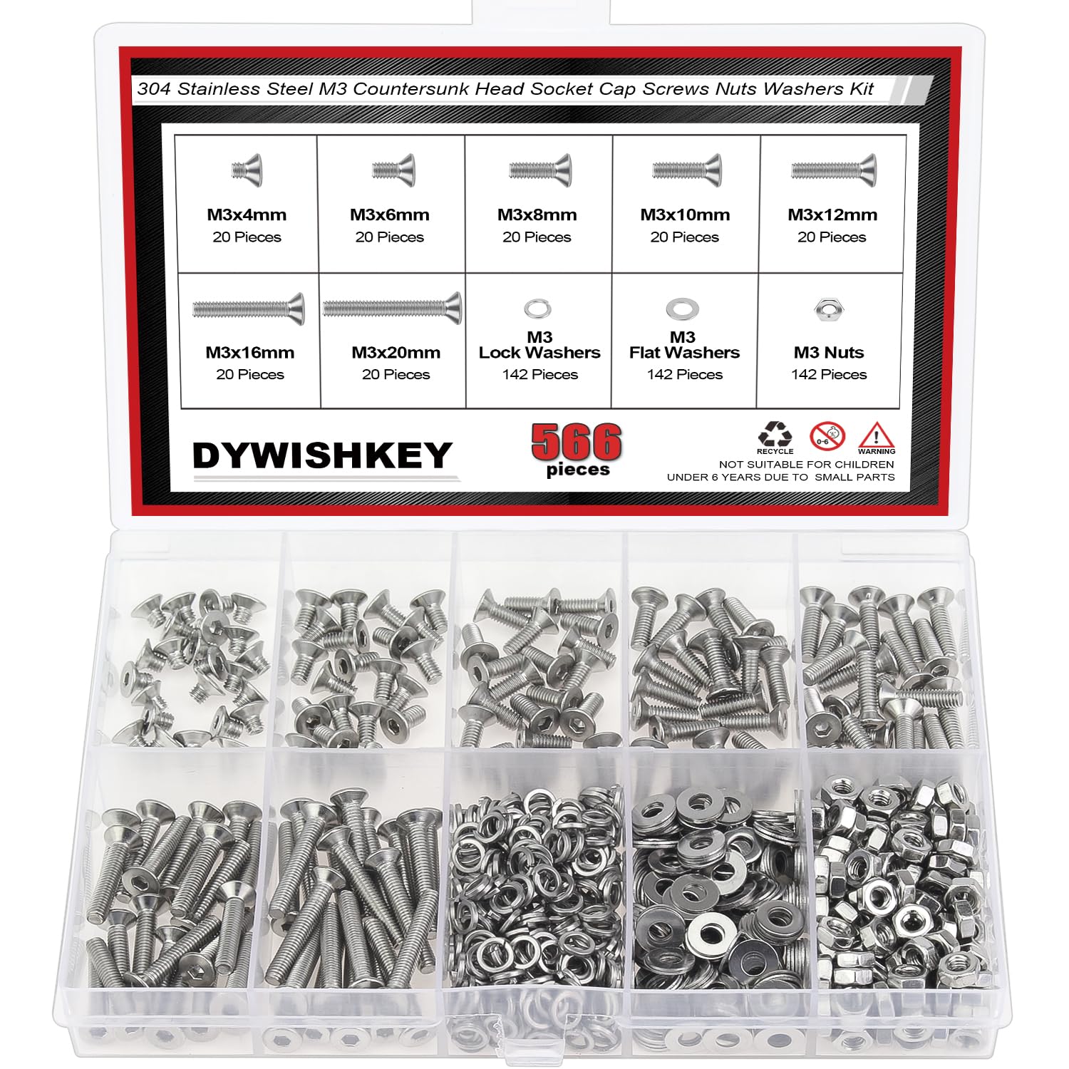 DYWISHKEY 566 Pieces M3x 4/6 /8/10 /12/16 /20mm Countersunk Head Socket Cap Screws Nuts Washers Assortment Kit, M3 Flat Head Screws Kit, 304 Stainless