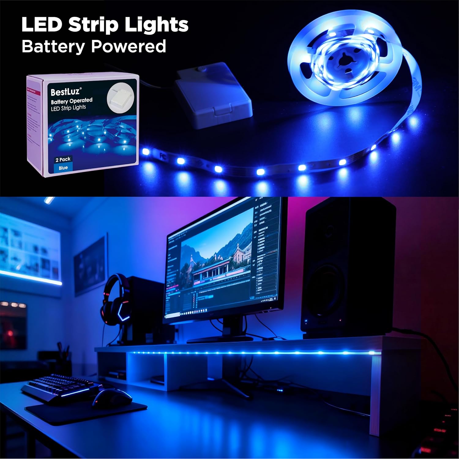 BestLuz Battery Operated LED Strip Lights 2X 3.33ft Flexible Blue LED Light Strip for Bedroom Room Decor, Battery Powered Lighting for Cabinet Shelf Closet TV Backlight