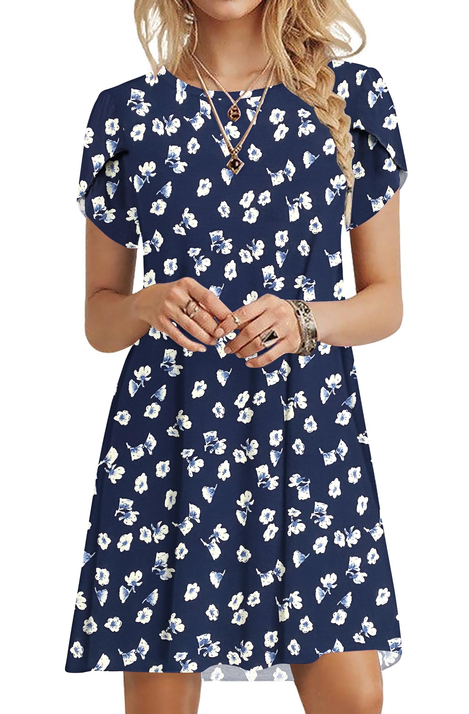 PLOKNRD Sommerkleid Damen Blütenblatt Ärmel T-Shirt Kleid Rundhals Blumenmuster Freizeitkleid Leicht und Luftig mit Taschen