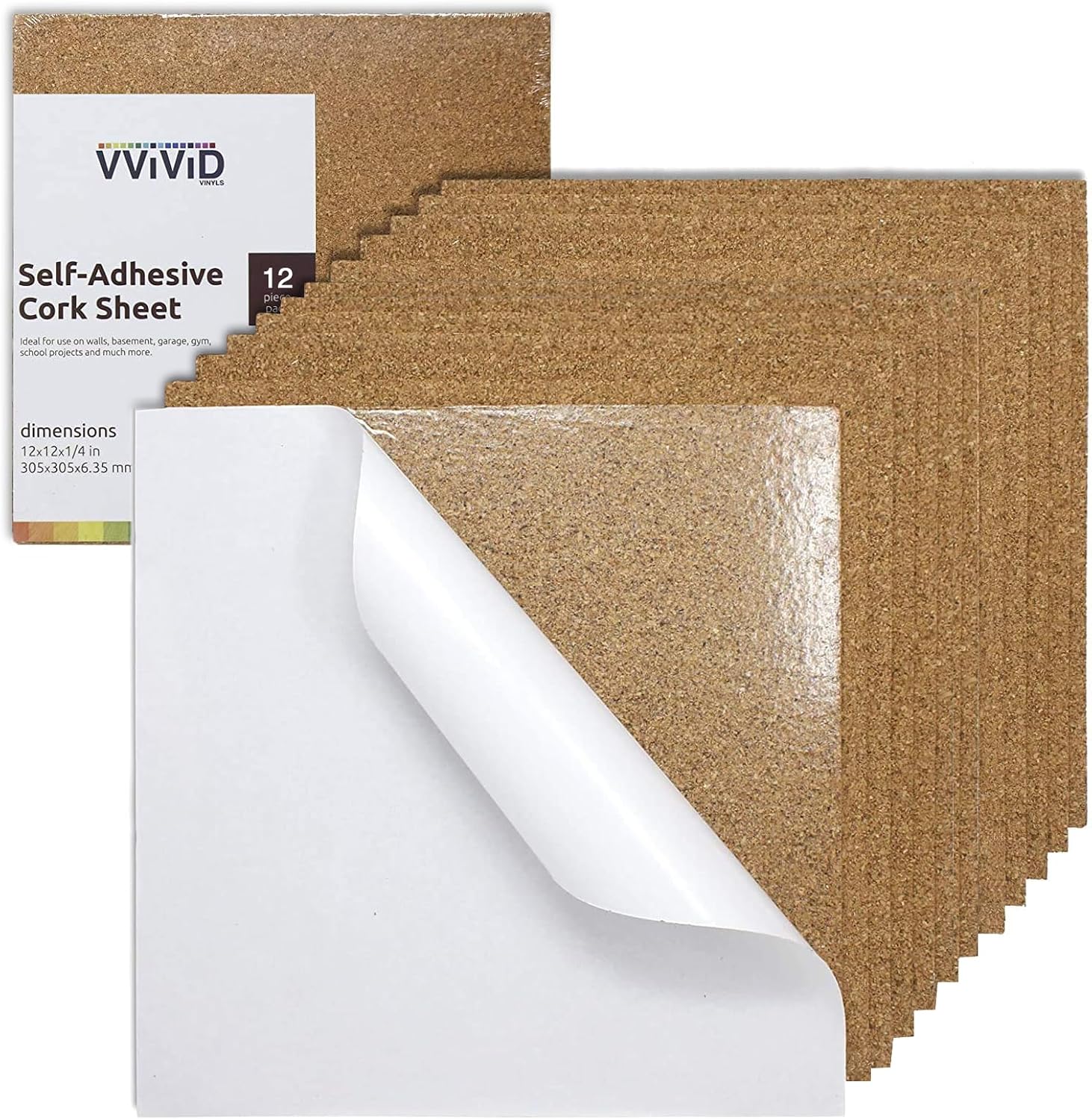 VViViD Adhesive Backed 12 Inch by 12 Inch Square 1/4 Inch Thick Cork Foam Board Pack (12 Pack)