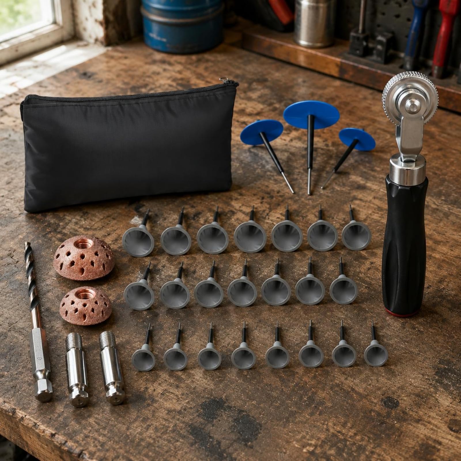 Ensemble Réparation Pneu Tubeless 29 Pièces avec Poignée Noire et 24 Mèches ntelées pour Pneu Véhicule Utilisation en Plein Air