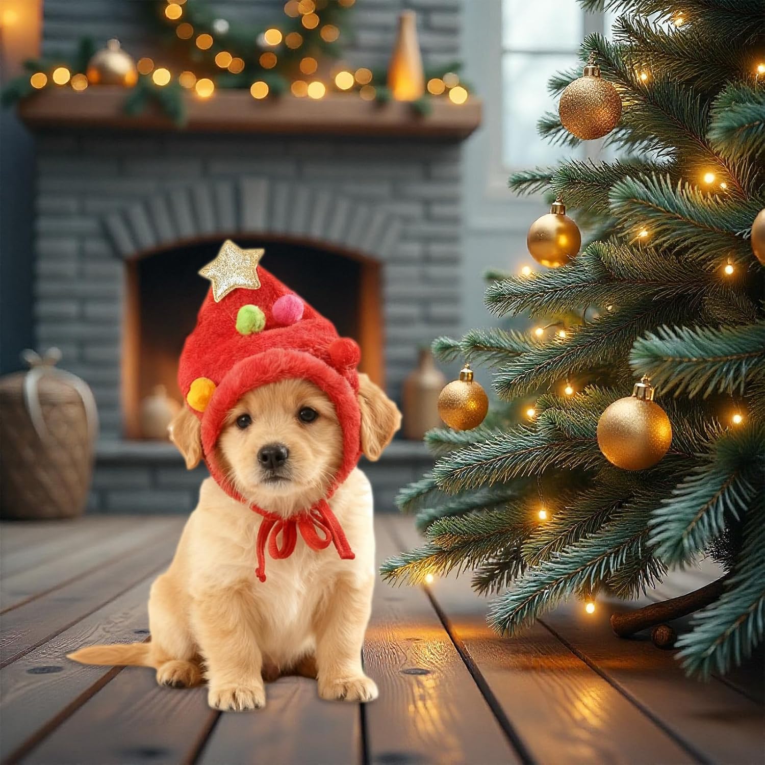 Zephyra Red Christmas Hat for Dogs Cats 4-7.5kg Christmas Hat with Pom Poms for Pets, Adjustable Accessory for Puppies and Kittens, Pet Festive Costume 5