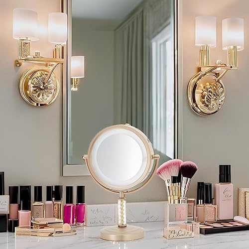Miniatura 2 de JERDON Espejo de maquillaje de mesa iluminado, espejo de maquillaje iluminado con halo con aumento 1X y 6X en acabado de latón cepillado, espejo de