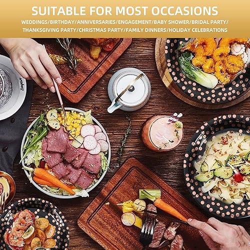 Miniatura 5 de Platos de papel para fiesta de puntos negros y de oro rosa, 50 unidades desechables para fiestas, platos de papel de postre para fiesta de