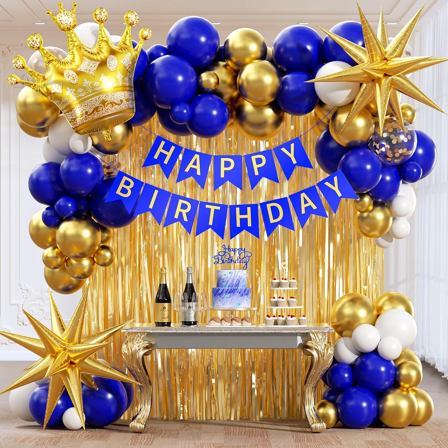 Royal Blue Gold Birthday Decorations for Men with Metallic Gold Royal Blue and White Balloons Banner Fringe Curtain for 16th 18th 21st 24th 32th 40th 50th 60th Men Birthday Decorations