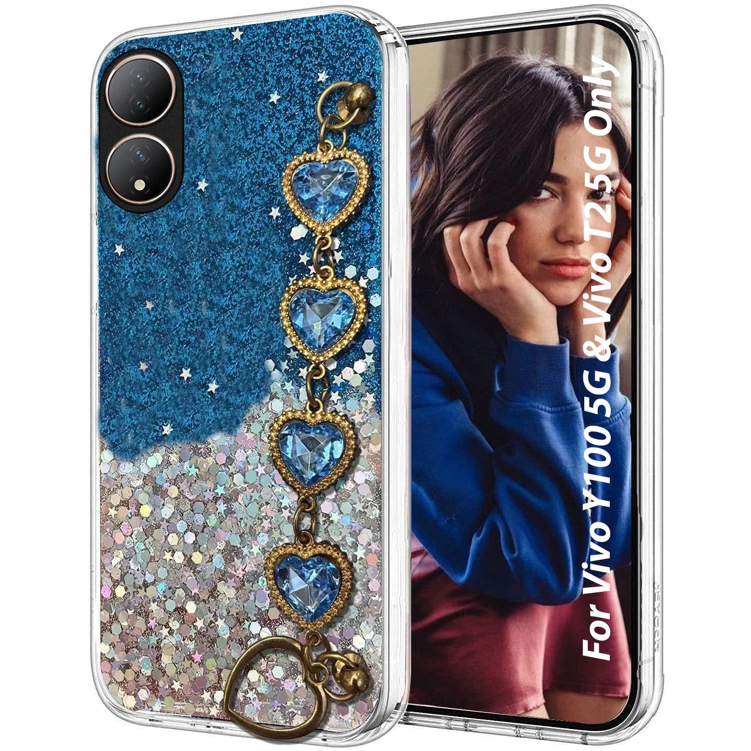 KC Back Cover for Vivo Y100 5G & Vivo T2 5G, Epoxy Dry Non Moving Luxury Diamond Bracelet Holder TPU Sparkle Stars Silicone Girls Women Camera Protection Case (Blue) (B0C43T1FT6) Amazon Price History, Amazon Price Tracker