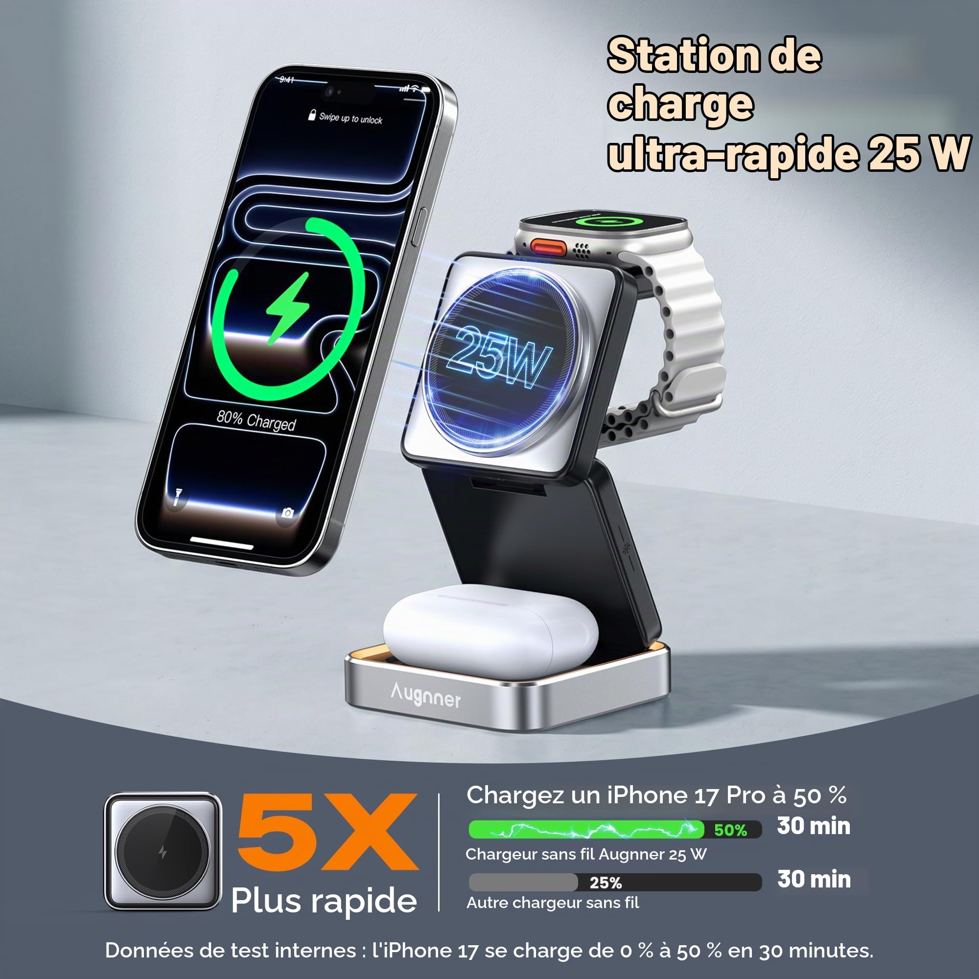 Station de Charge 25W, Pliable Chargeur à Induction 3 en 1, Chargeur sans Fil Compatible avec Magsafe et veilleuse pour iPhone 17/16/15/14/13/12 Série, AirPods, Apple Watch avec Chargeur 45W