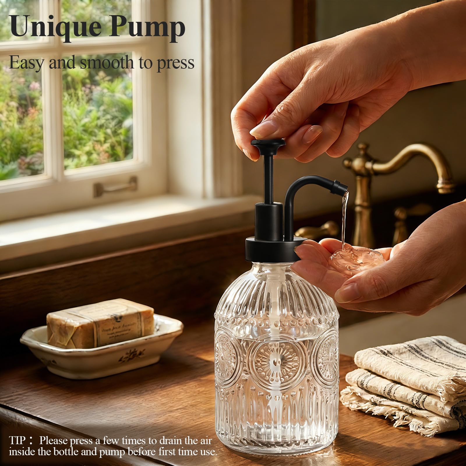 SheeChung 12Oz Vintage Glass Bathroom Soap Dispenser, Kitchen Dish Soap Dispenser with Pump, Refillable Liquid Hand Soap Bottle, Lotion, Antique Rustic Farmhouse Decor (Clear-Black Pump, 1 Pack) - 5
