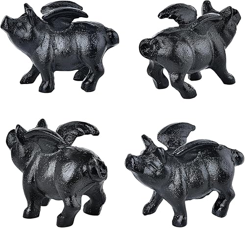 Miniatura 5 de Sungmor Fantástico estatua de cerdo volador de hierro fundido, 2 piezas rústicas de cerdito negro, lindo pisapapeles, colección de jardín,