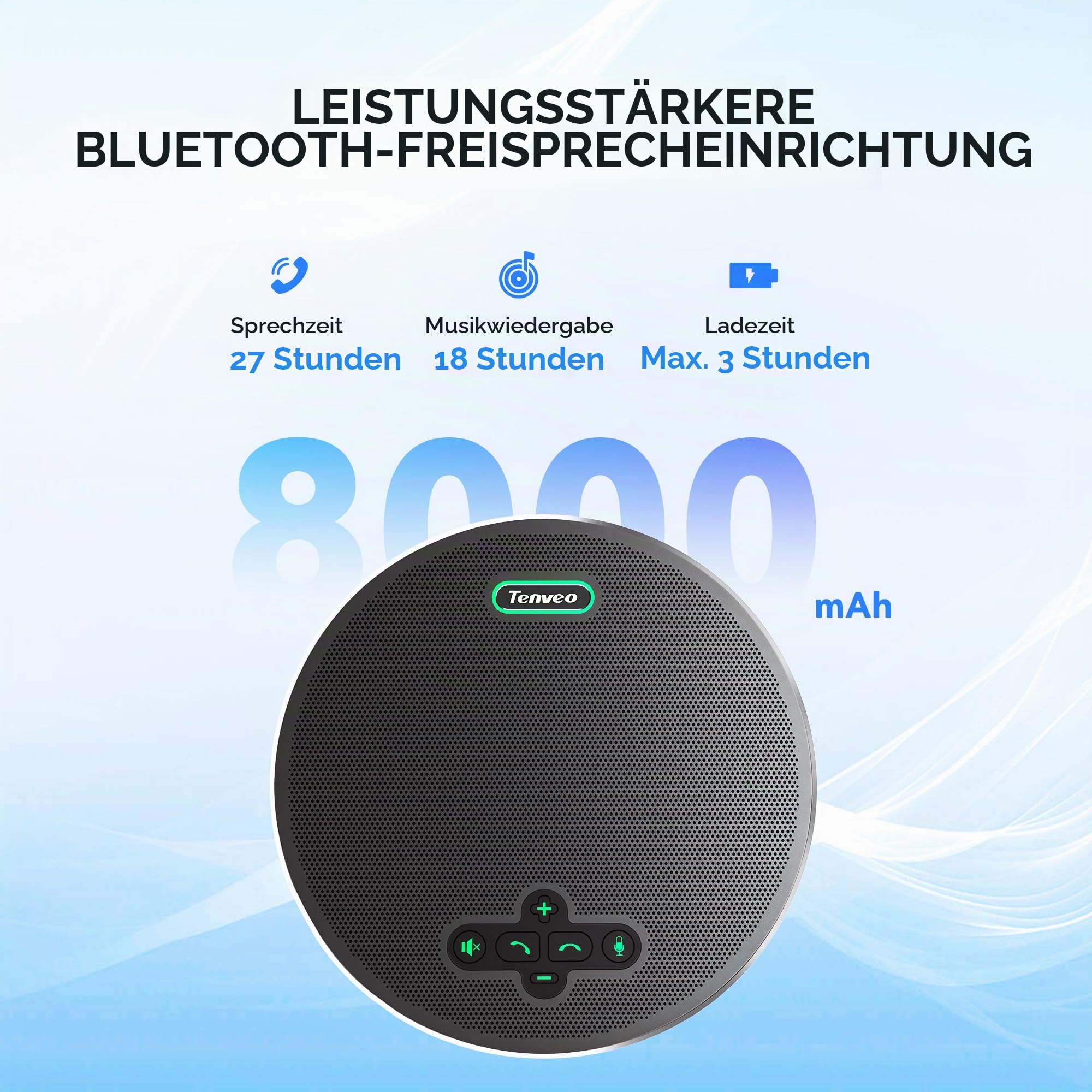 Tenveo M5B-W MagiCallpro Konferenzlautsprecher mit 8 AI-Mikrofonen, 360°-Raumerfassung, 18h Akku. Kompatibel mit Zoom, Teams UVM. Ideal für 12-15 Personen.