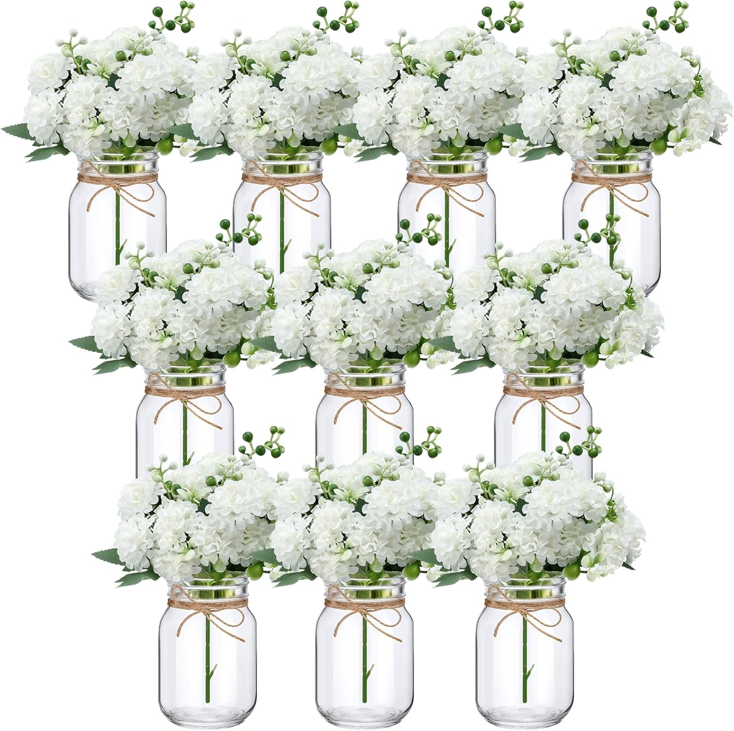 XunYee 10 Set Mason Jar Table Centerpiece with Flower Mason Jar Flower Centerpiece Vases Decor for Engagement Party Bridal Shower Centerpieces Wedding Reception Table Decor(Hydrangea)
