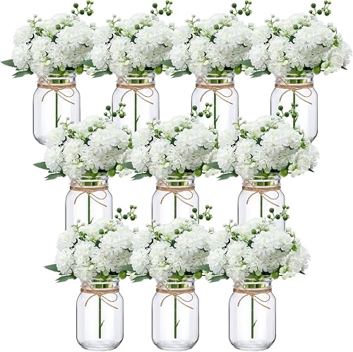 XunYee 10 Set Mason Jars for Centerpieces,White,Hydrangea | Mason Jar Flower Vases, Romantic Table Centerpiece Decor, Engagement Bridal Shower Wedding Reception, Elegant Home Decoration