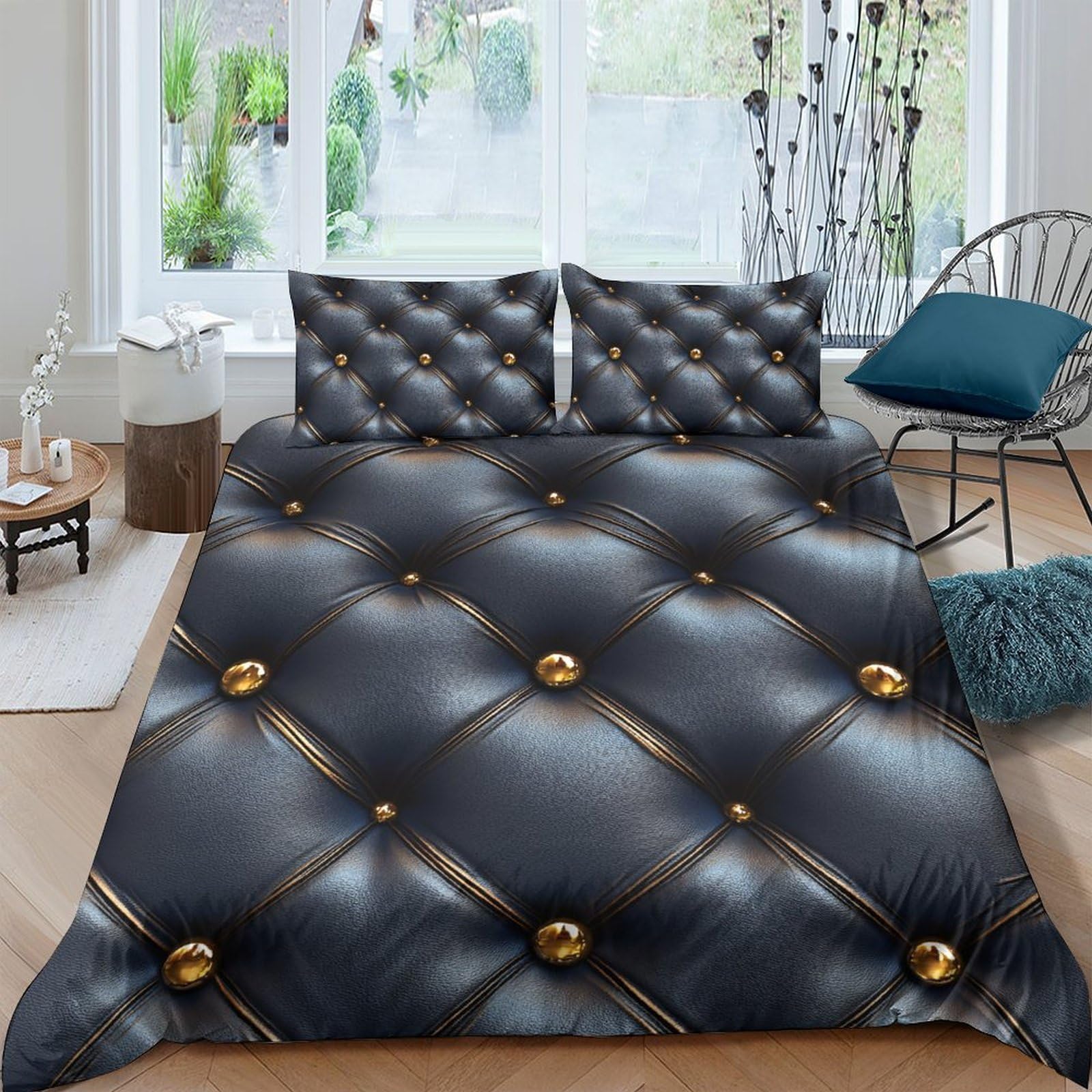 Ctjqhvkz Style-8 3D Printed Black Button Tufted Fitted Sheet Microfiber Soft Bedroom Decor Gold Stud Mattress Cover For Home Dorm Single（135X200cm）