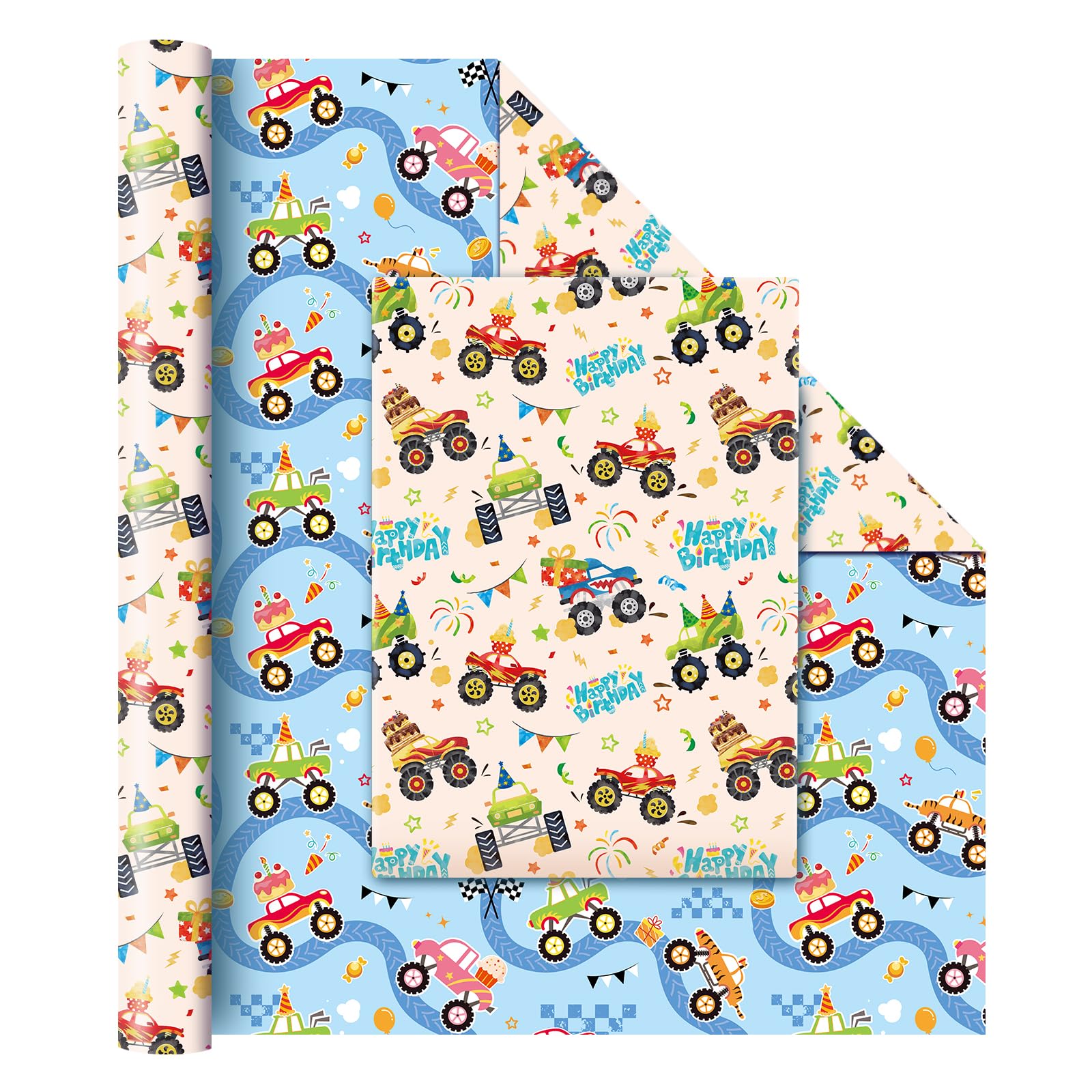 WERNNSAI 1 Roll Monster Truck Wrapping Paper 43cm x 10m Car Gift Wrap โ image 1