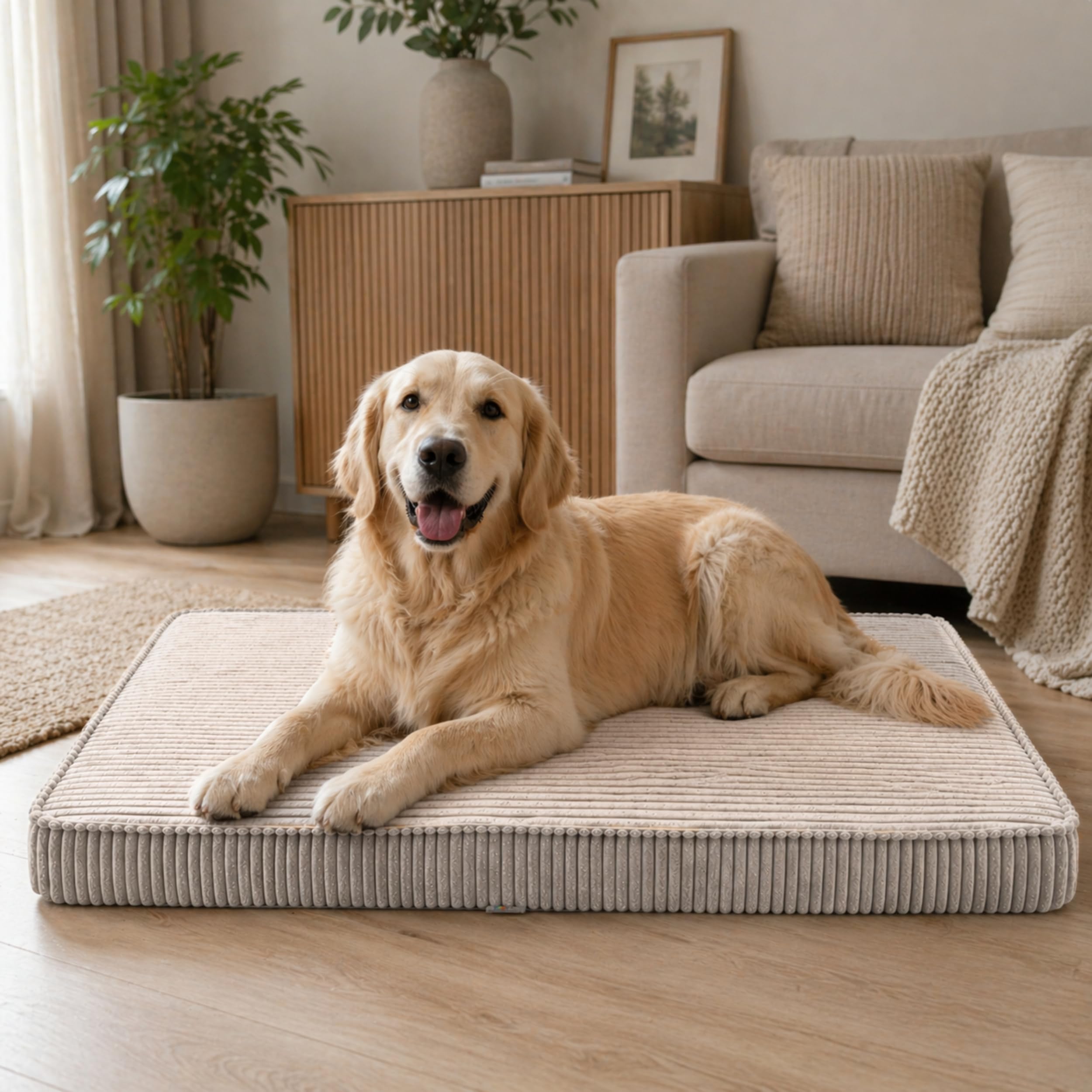 FORTISLINE Hundebett mit abnehmbarem Bezug - Hundematte aus POSO Stoff mit Rutschfester Unterseite und Schaumstofffüllung für Zuhause und Indoor-Kennel (Beige, L: 90 x 60 x 8 cm)