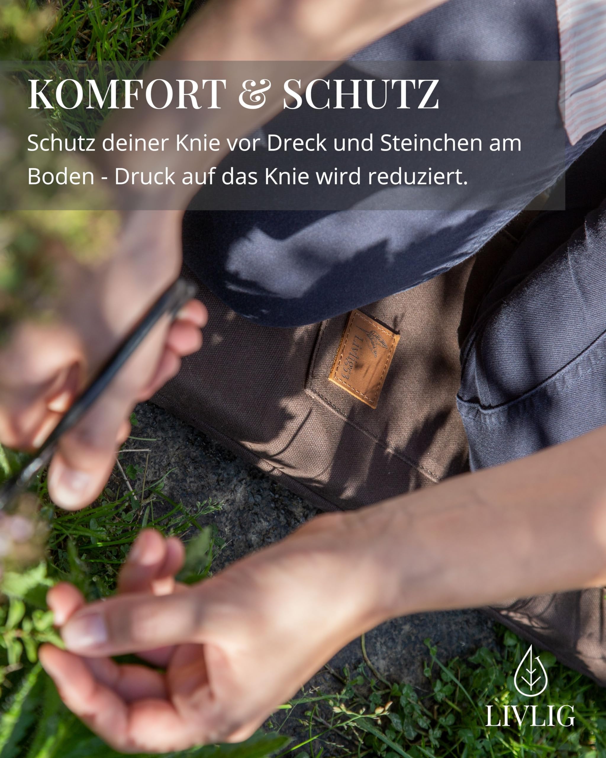 LIVLIG Kniekissen Garten 45×22 cm, wasserabweisendes Kniepolster aus gewachstem Canvas mit Ledergriff, Garten Kniekissen für Gartenarbeit & Handwerk, Braun