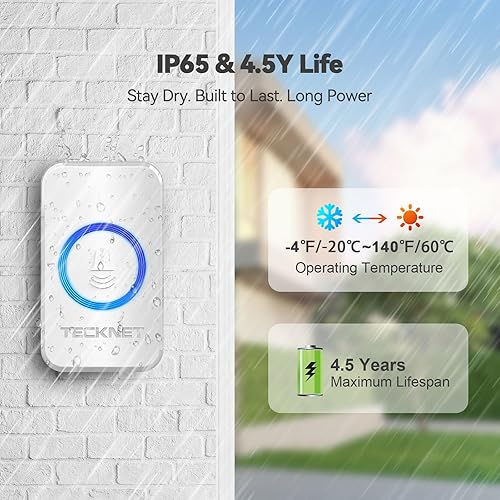 Miniatura 4 de TECKNET Timbre inalámbrico, timbre de puerta de 0 a 120 dB, rango inalámbrico de 1300 pies, timbres impermeables IP65 para aula, 60 campanadas y 5