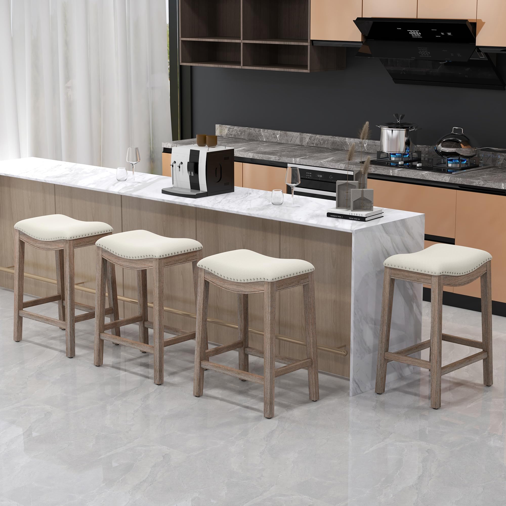 ABET Bar Stools Counter Height Chair Set of 4, 27" Backless Farmhouse Barstools with Wood Leg & Built-in Footrest, Nailhead Saddle Seat, Upholstered