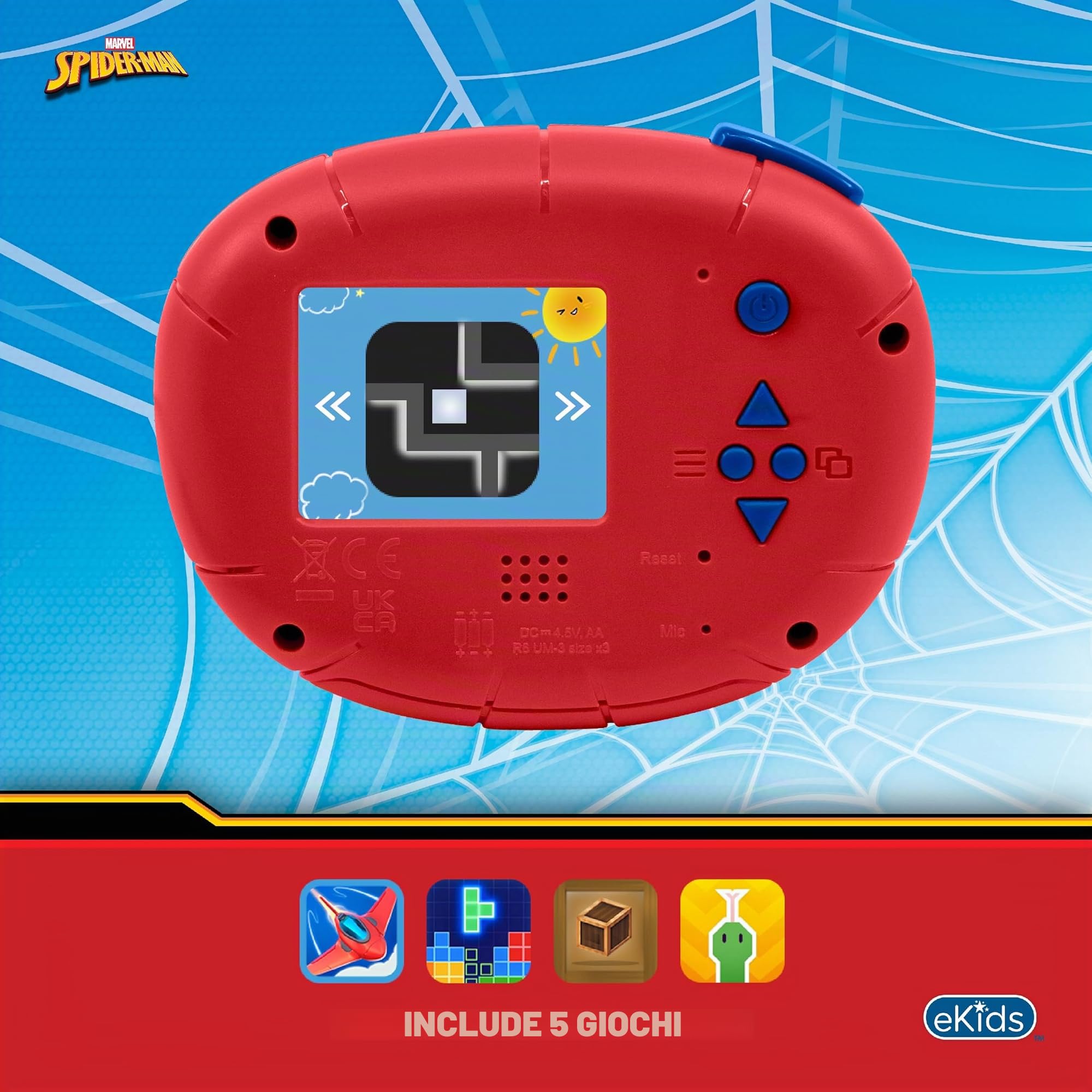 ekids Spiderman - Fotocamera digitale per bambini con scheda SD, videocamera, adesivi digitali integrati, regali per bambini