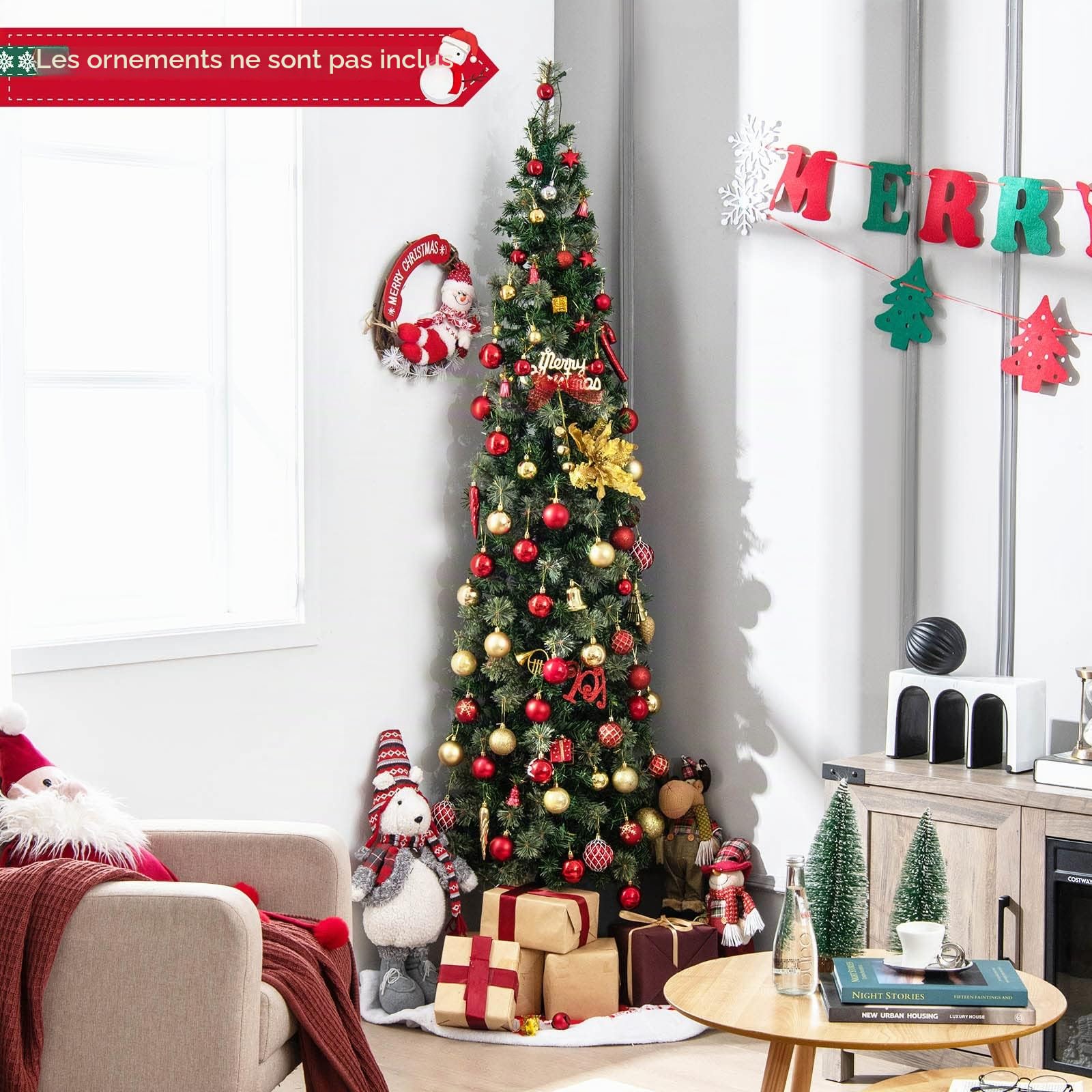 GYMAX Sapin de Noël Artificiel Mince Lumineux 210 CM, Arbre de Noël de 2 Pièces, avec Support en Métal, Aiguilles de Pin, 403 Branches, 150 Lumières LED Blanc Chaud, Décoration de Fêtes