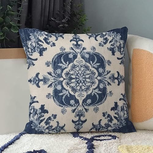 Miniatura 3 de Funda de cojín clásica de lino con patrón de damasco azul marino con cremallera de 22 x 22 pulgadas, fundas de almohada para sala de estar,