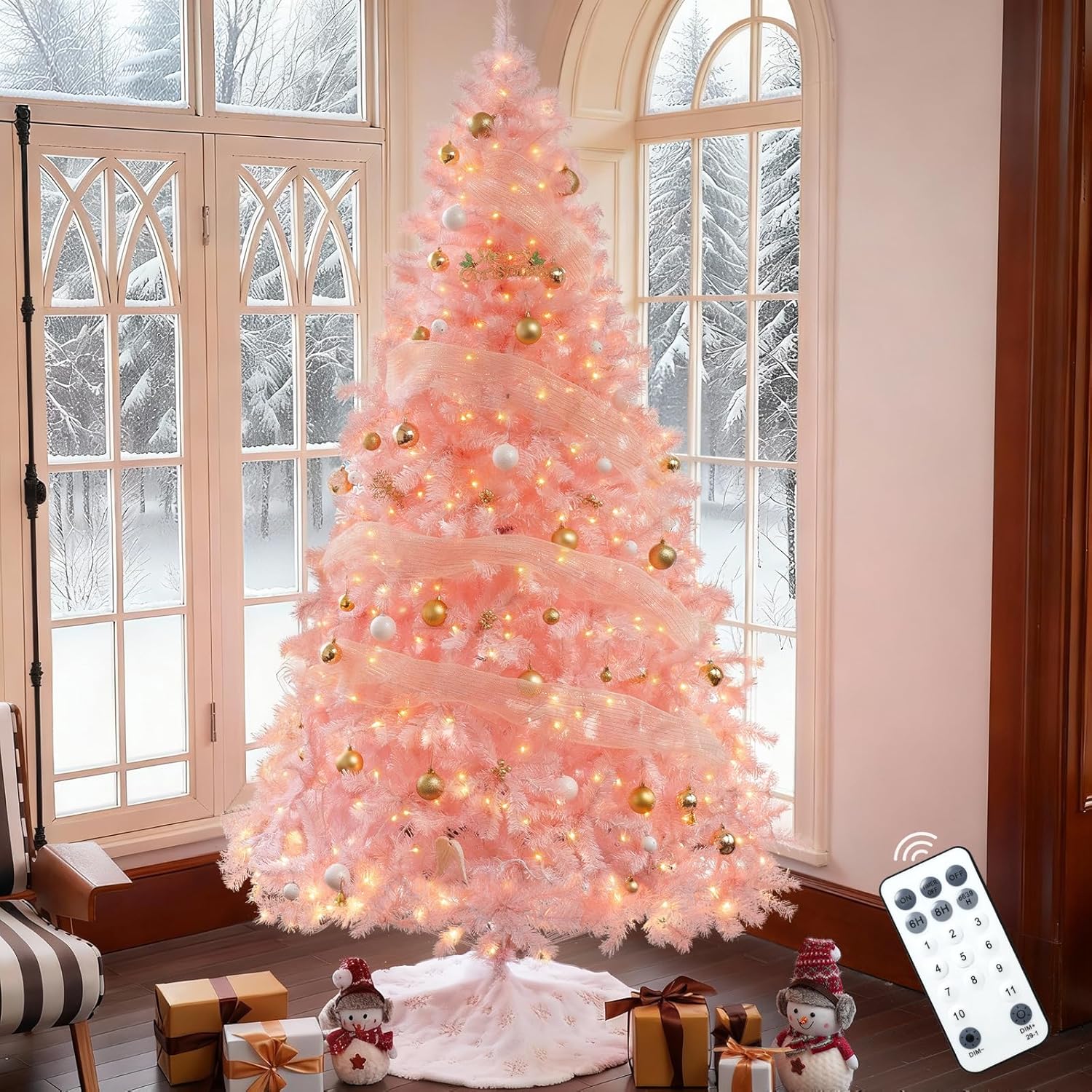 Prelit 7.5ft Pink Christmas Tree with 1500 PVC Branches, 600 Multicolor Lights, 11 Modes & Timer Remote Control, Auto-Hinged Artificial Fir Tree with Metal Stand for Home, Holiday, Weddings, Office Pink 7.5FT